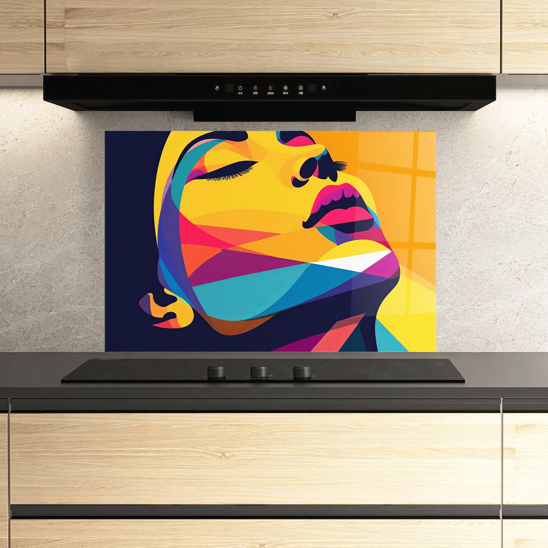 Küchenrückwand Glas Yellow Pop Face mockup 3
