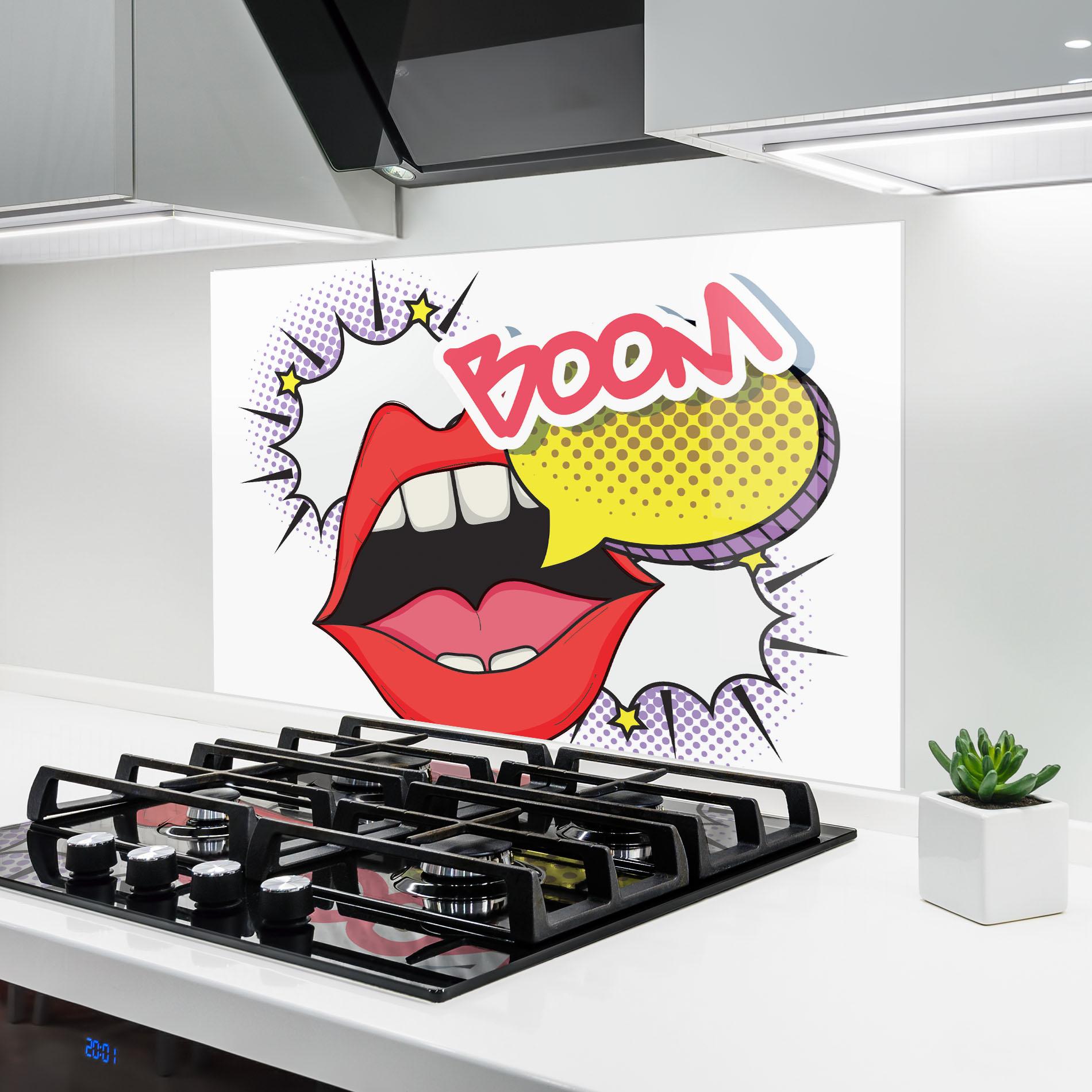 Küchenrückwand Glas Boom Pop Art mockup 6