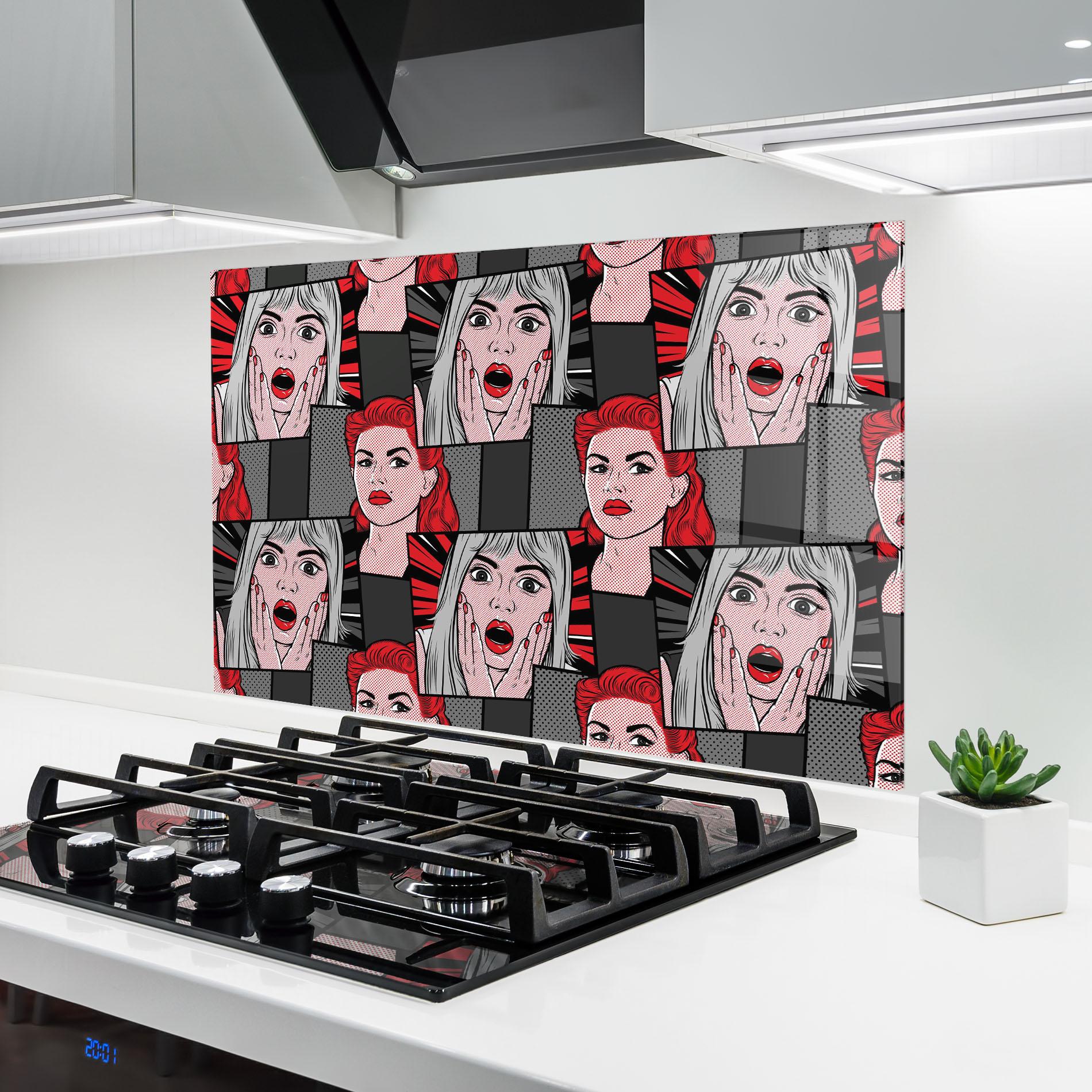 Küchenrückwand Glas Grey Red Pop Art mockup 6