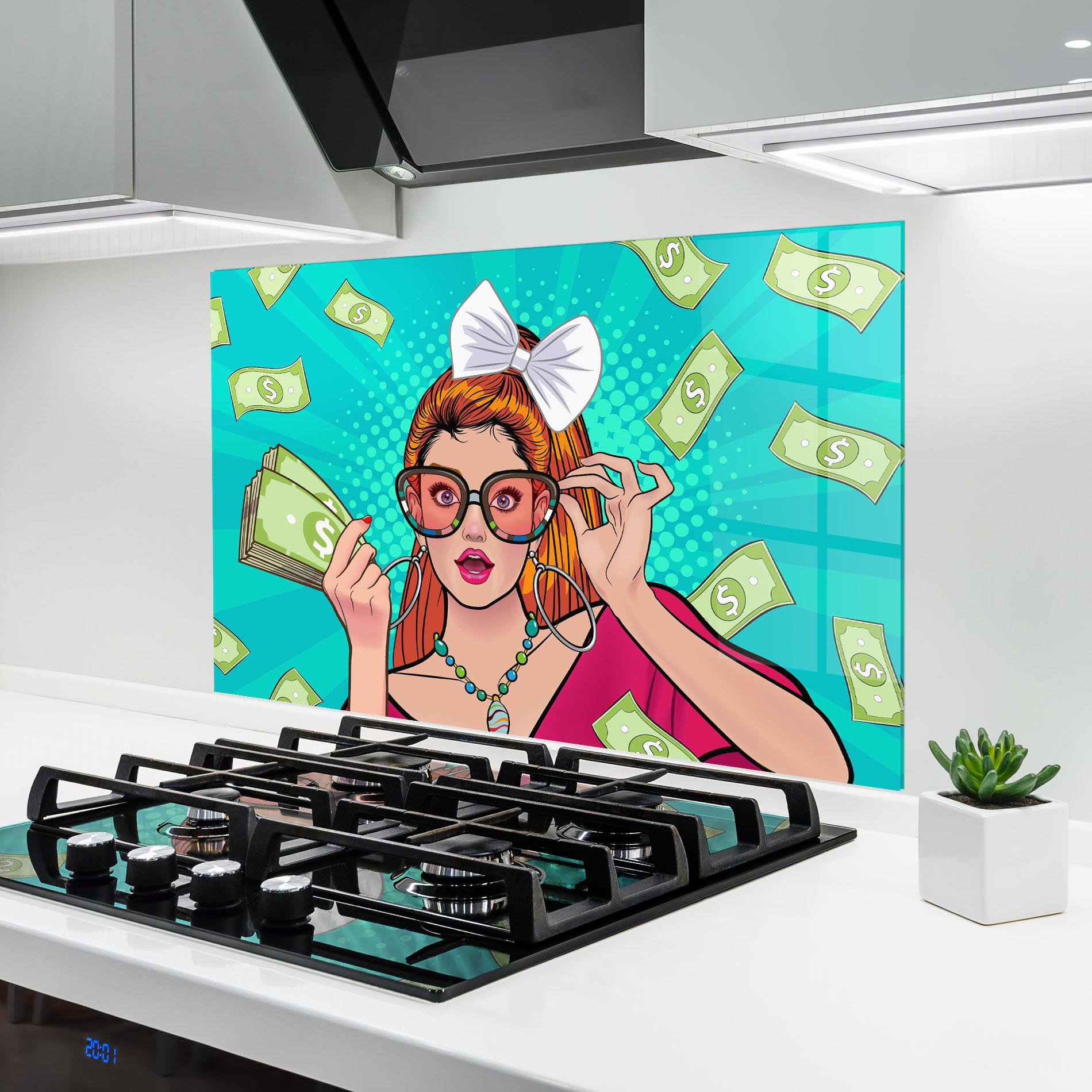 Küchenrückwand Glas Money Pop Art mockup 6