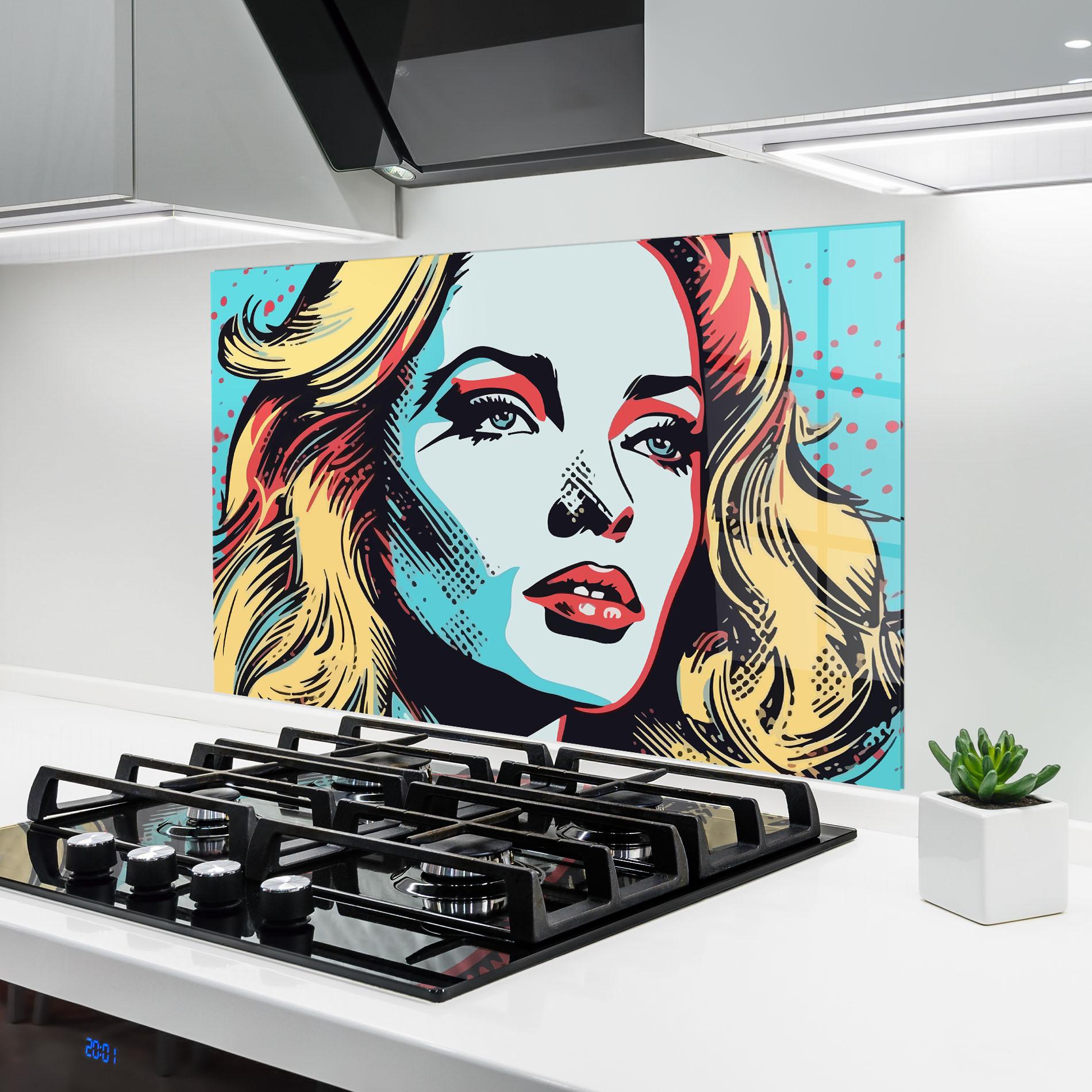 Küchenrückwand Glas Pop Art Lady mockup 6