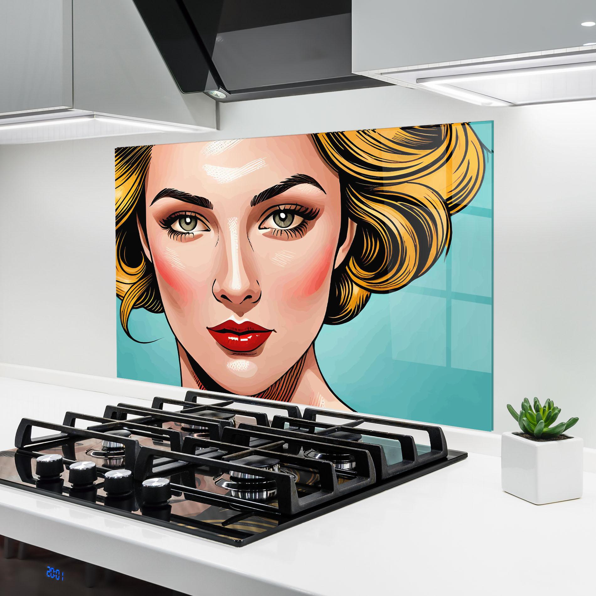 Küchenrückwand Glas Pop Blonde Lady mockup 6