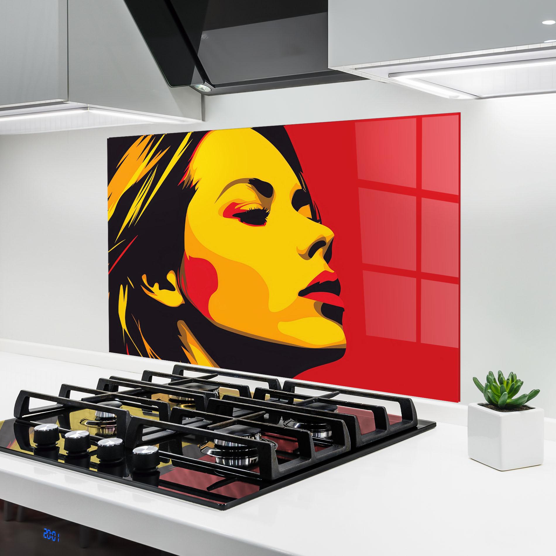 Küchenrückwand Glas Pop Red Yellow Girl mockup 6