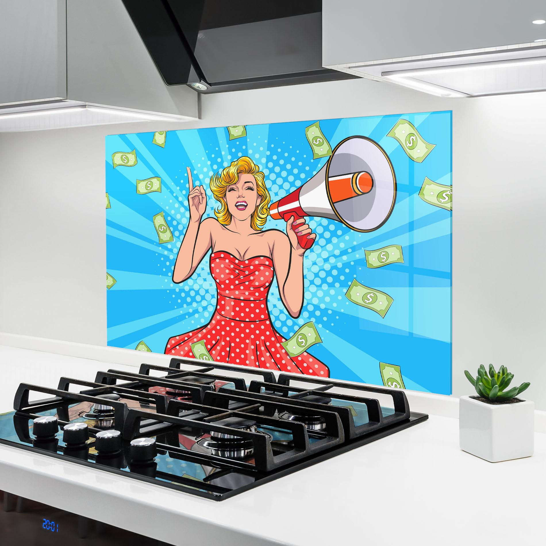 Küchenrückwand Glas Woman Pop Money mockup 6
