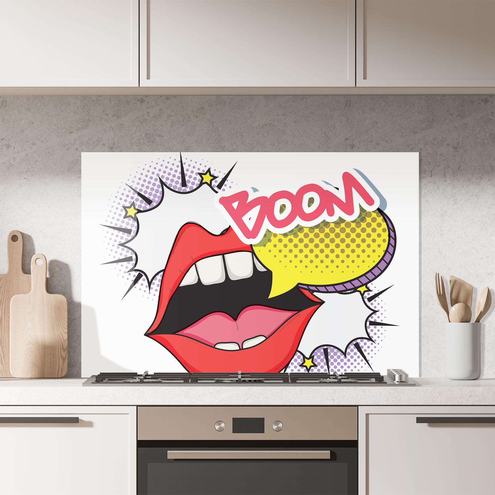 Küchenrückwand Glas Boom Pop Art mockup 7