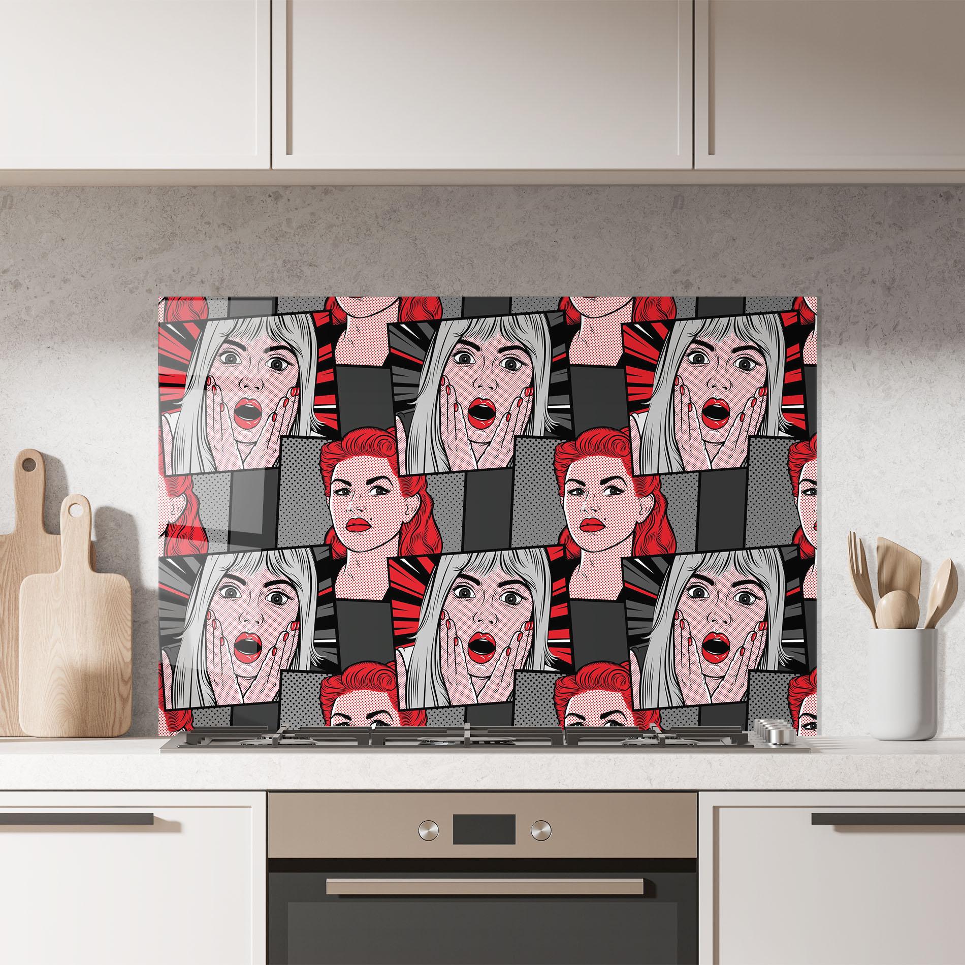 Küchenrückwand Glas Grey Red Pop Art mockup 7