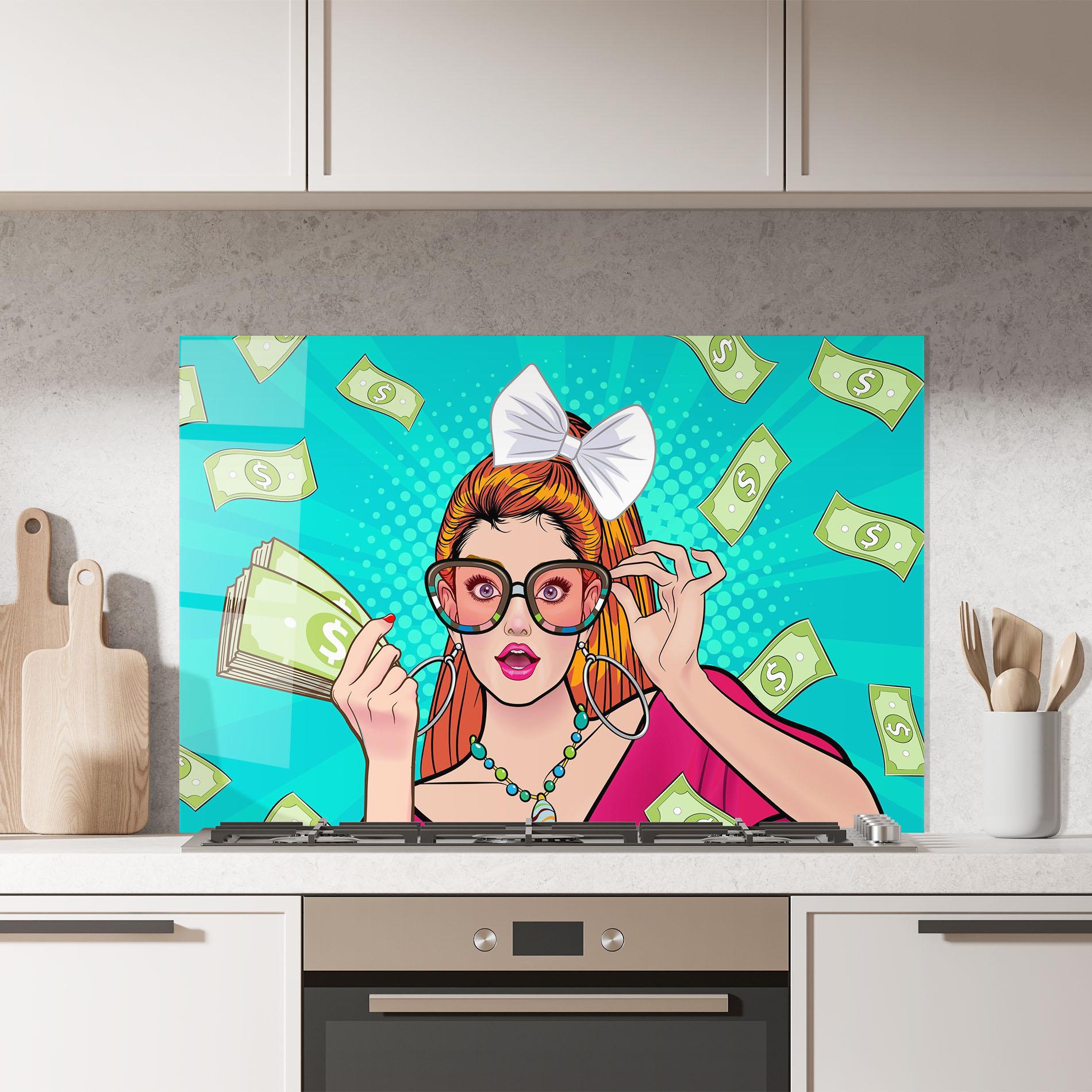 Küchenrückwand Glas Money Pop Art mockup 7
