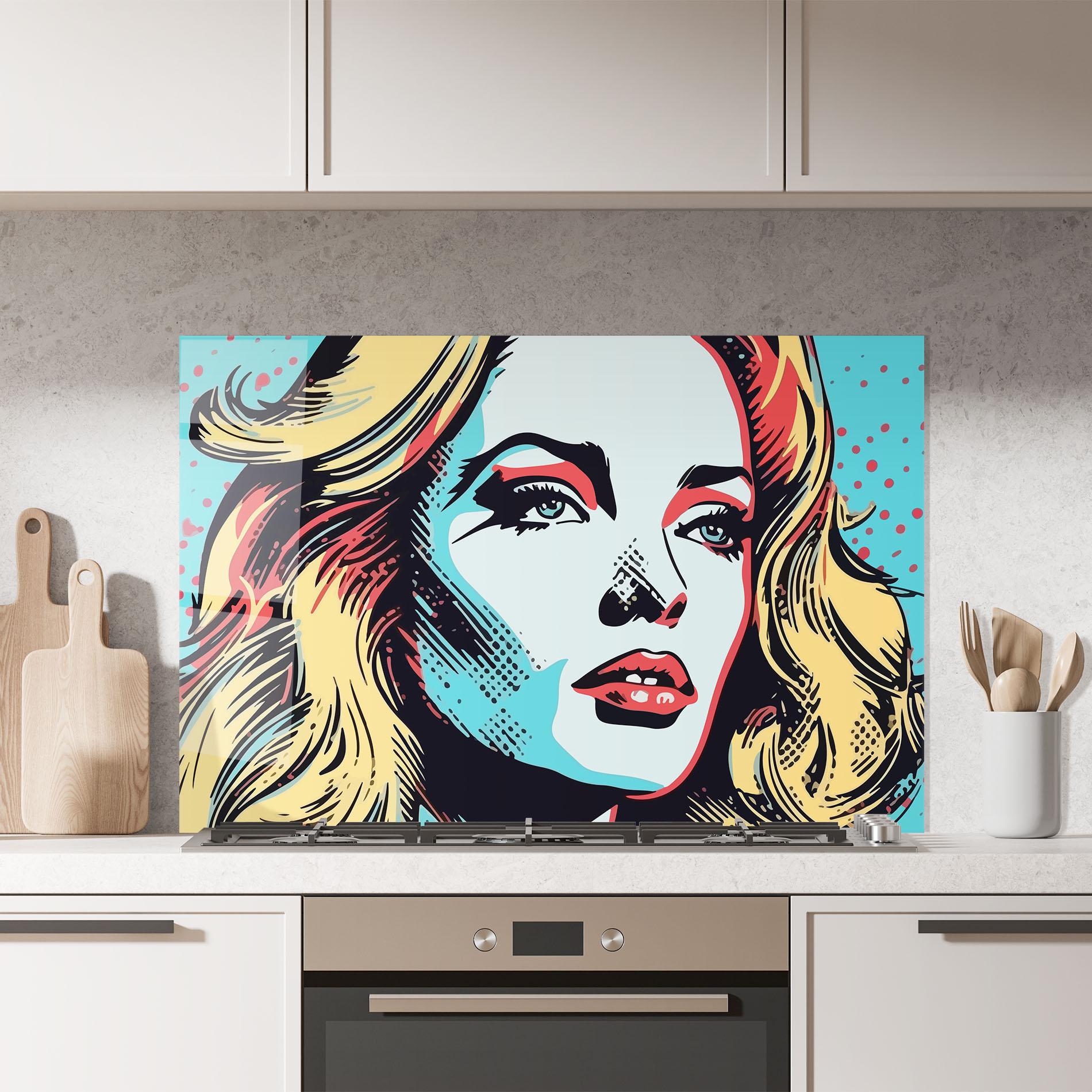 Küchenrückwand Glas Pop Art Lady mockup 7