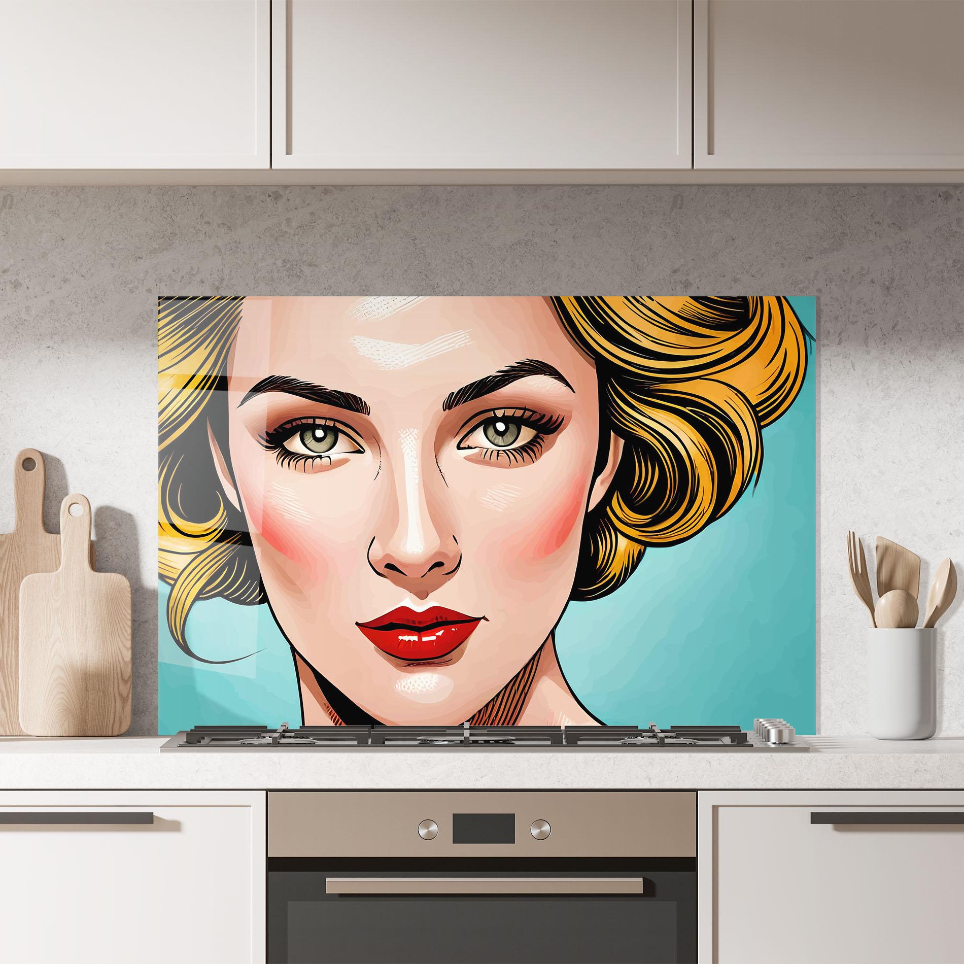 Küchenrückwand Glas Pop Blonde Lady mockup 7