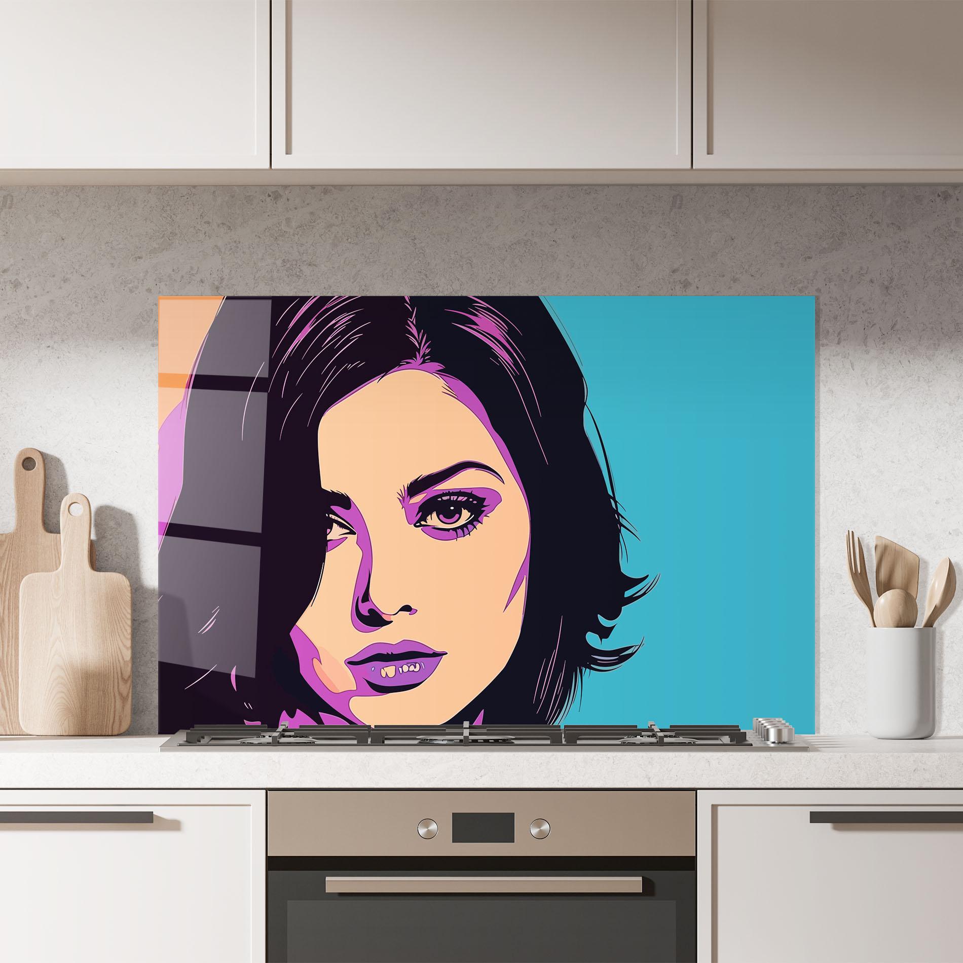 Küchenrückwand Glas Pop Purple Woman mockup 7