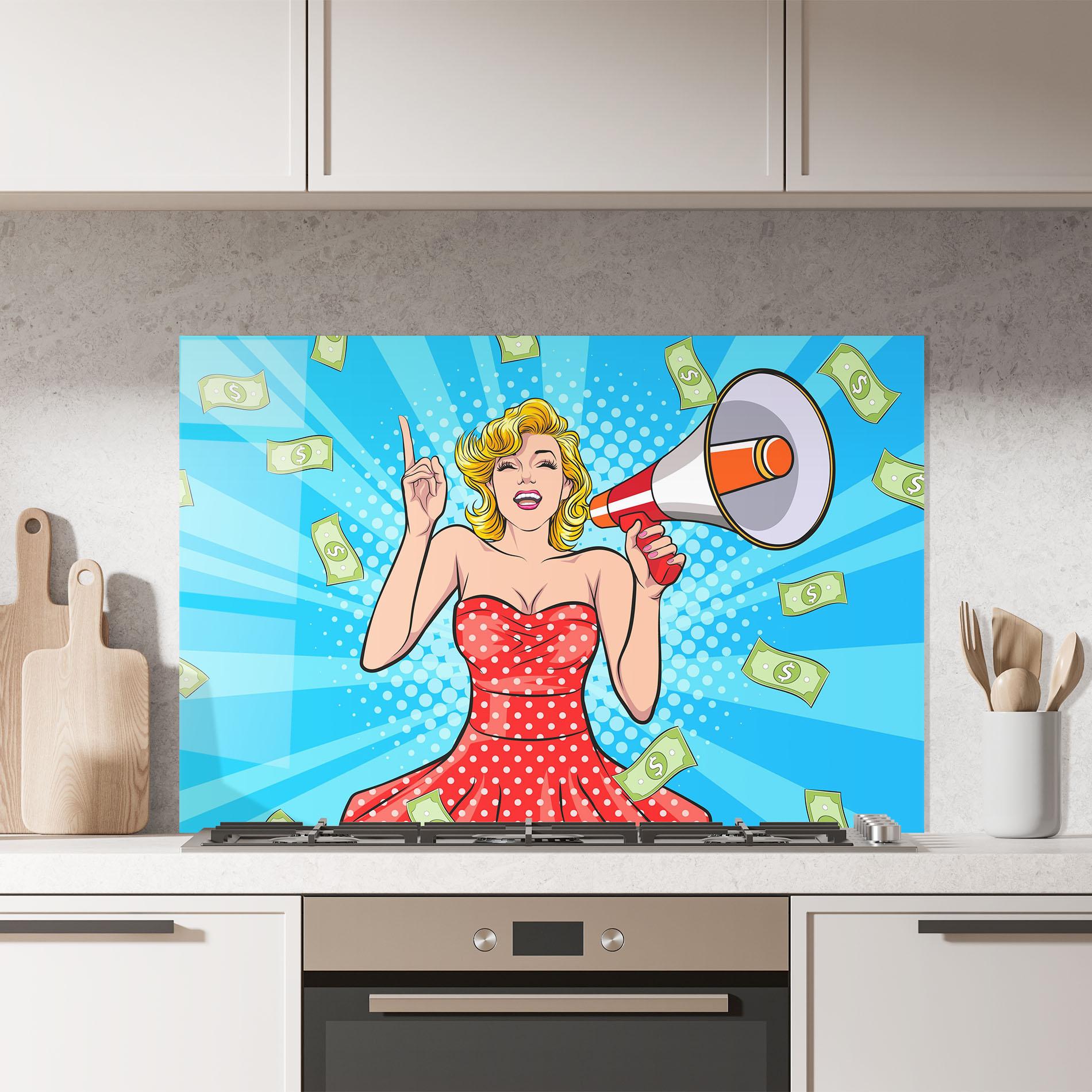 Küchenrückwand Glas Woman Pop Money mockup 7