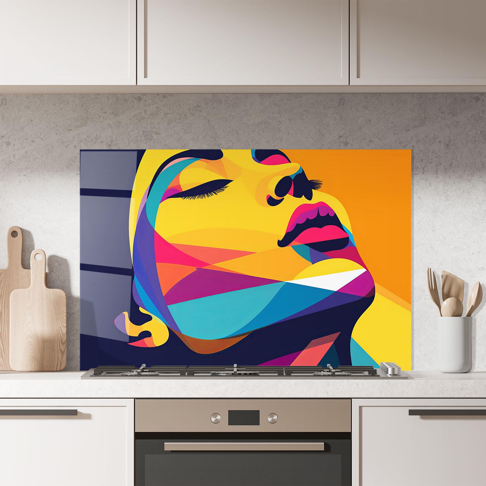 Küchenrückwand Glas Yellow Pop Face mockup 7