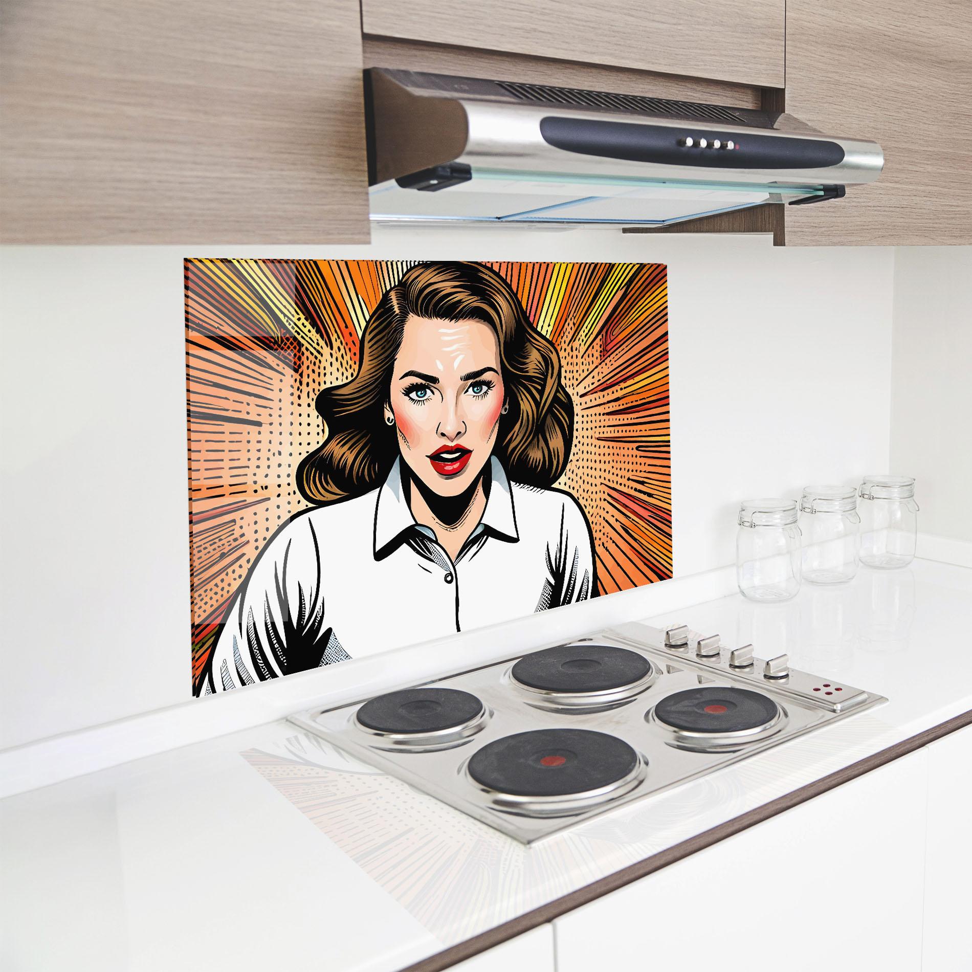 Küchenrückwand Glas Blue Eye Pop Art mockup 8