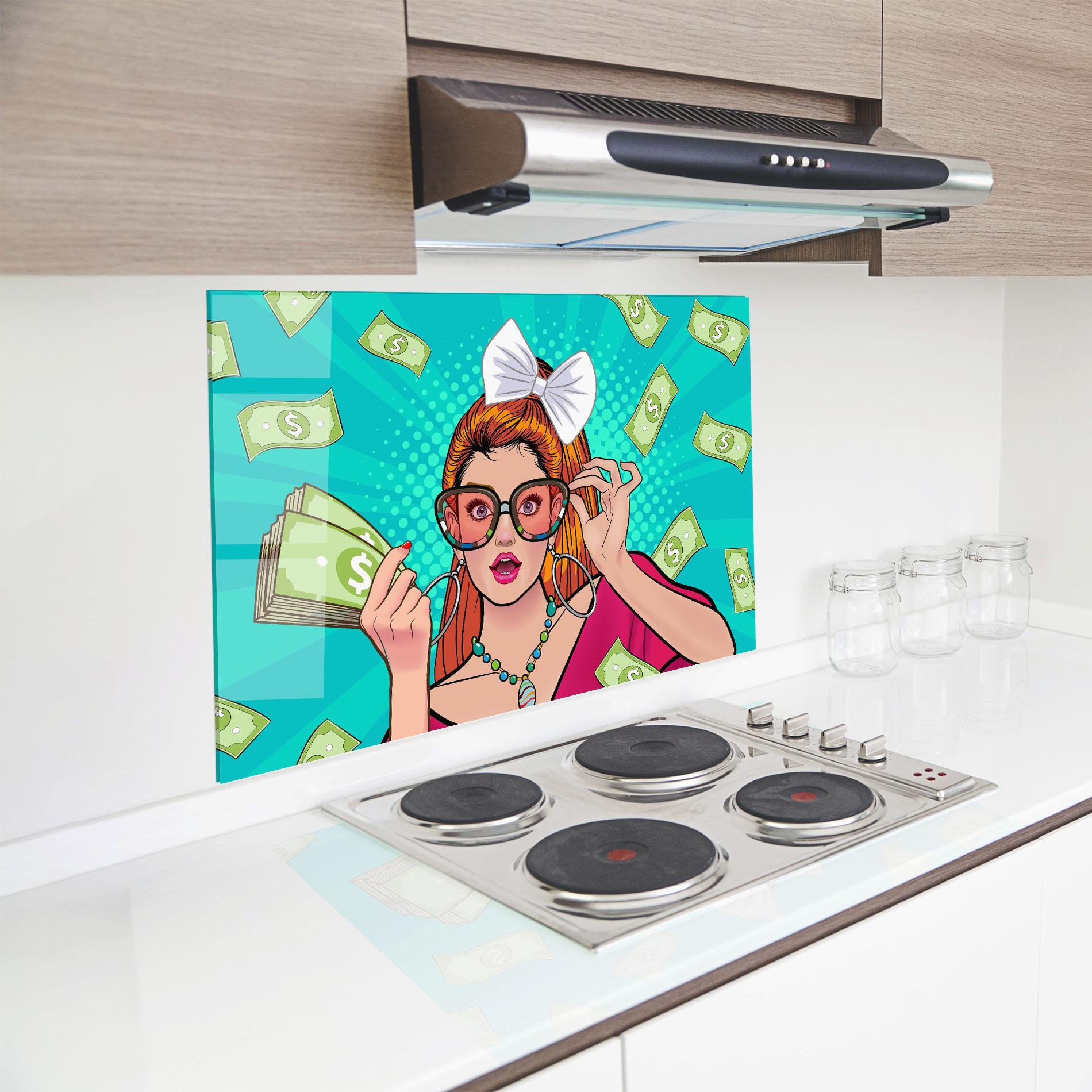 Küchenrückwand Glas Money Pop Art mockup 8