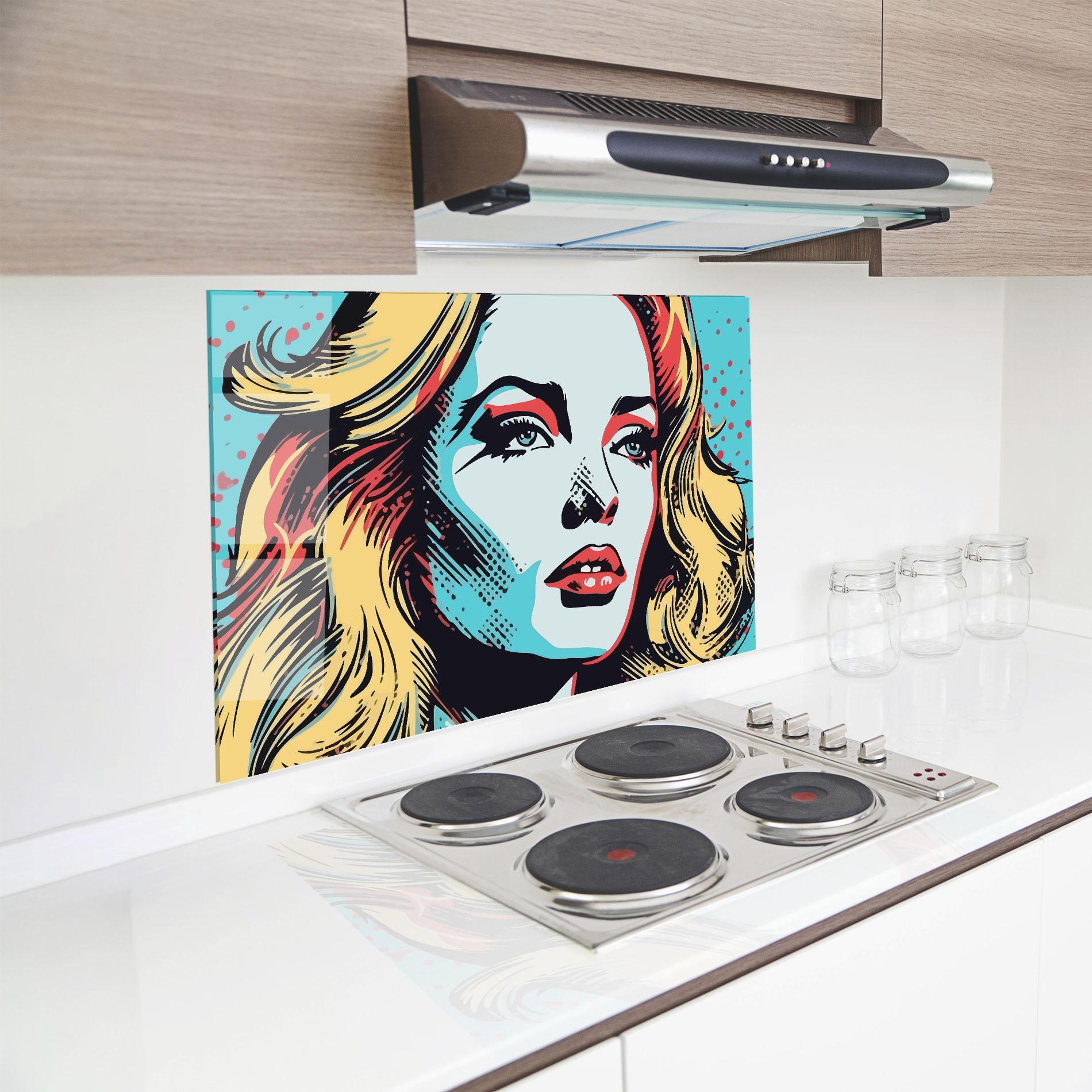 Küchenrückwand Glas Pop Art Lady mockup 8