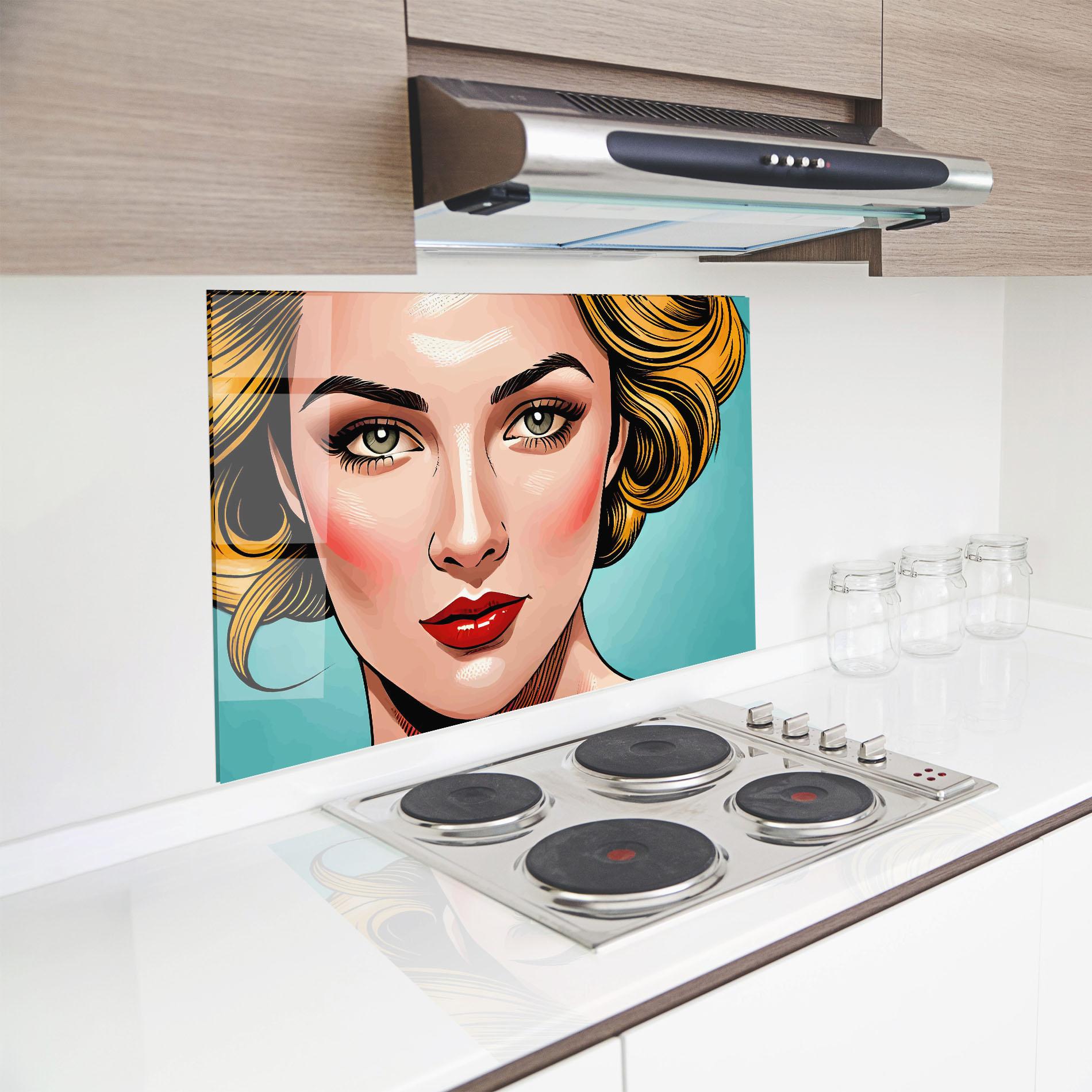Küchenrückwand Glas Pop Blonde Lady mockup 8