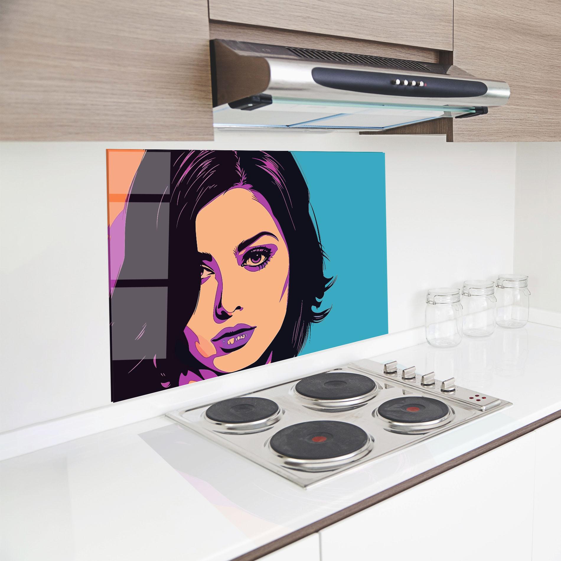 Küchenrückwand Glas Pop Purple Woman mockup 8