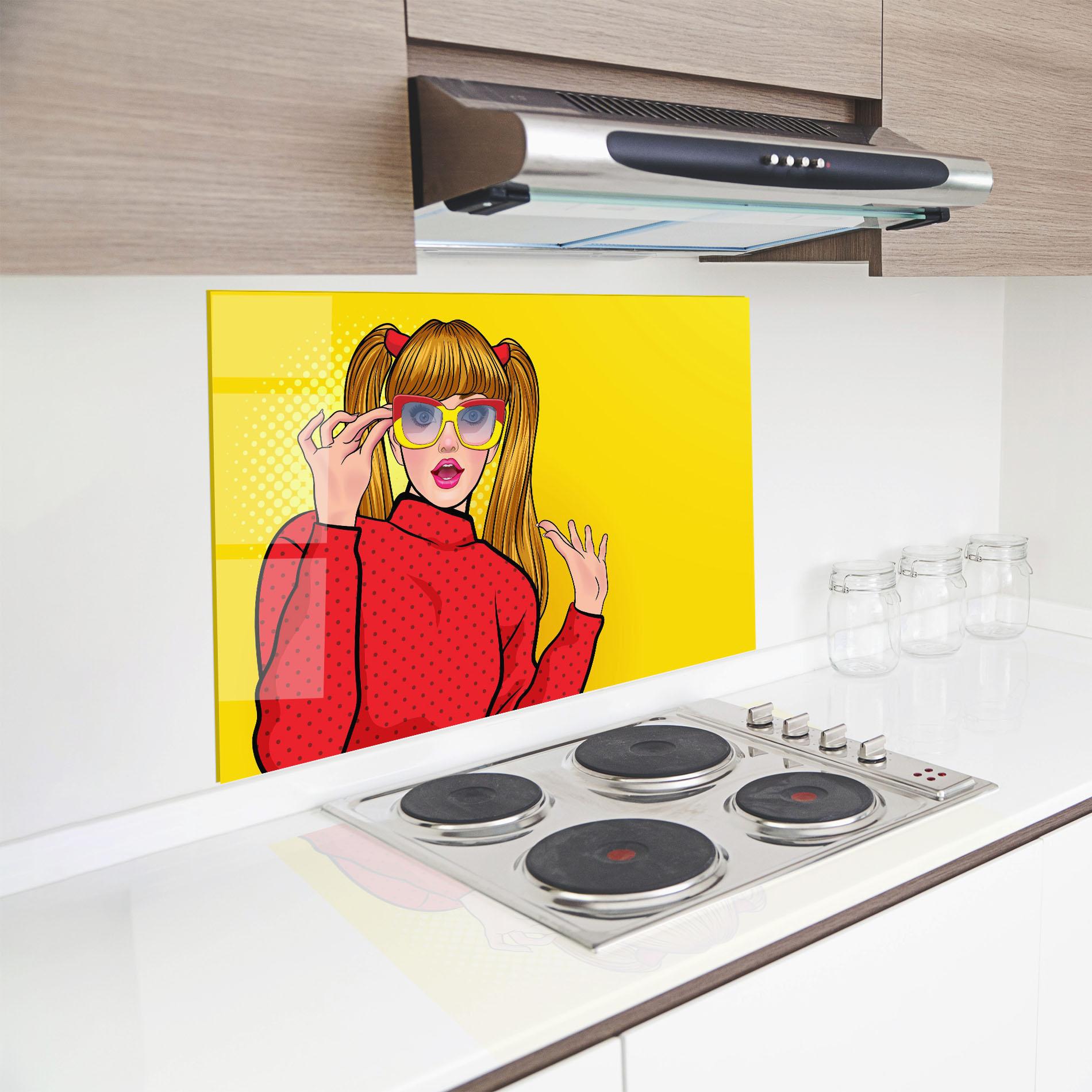Küchenrückwand Glas Pop Woman Surprised mockup 8