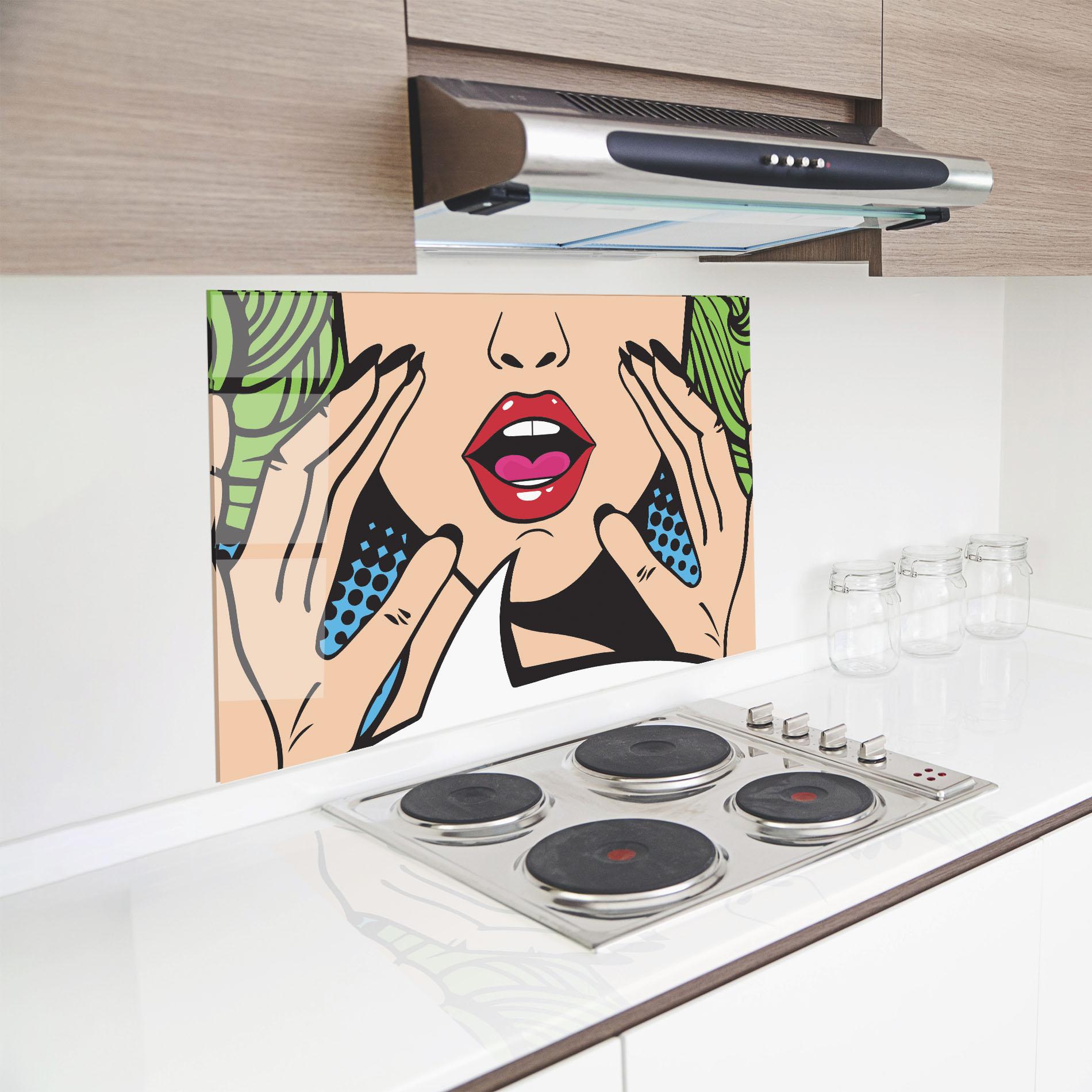 Küchenrückwand Glas Speaking Pop Art mockup 8