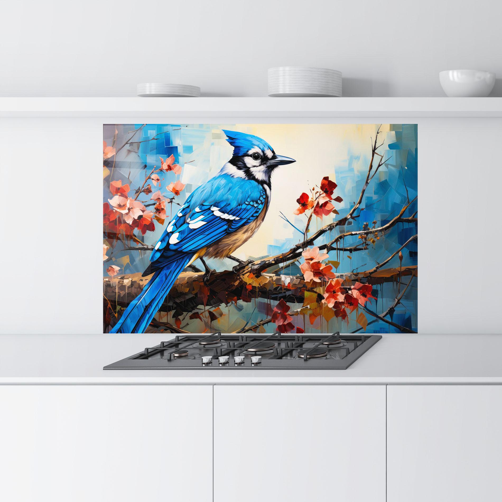 Küchenrückwand Glas Blue Bird Sitting Art mockup 9