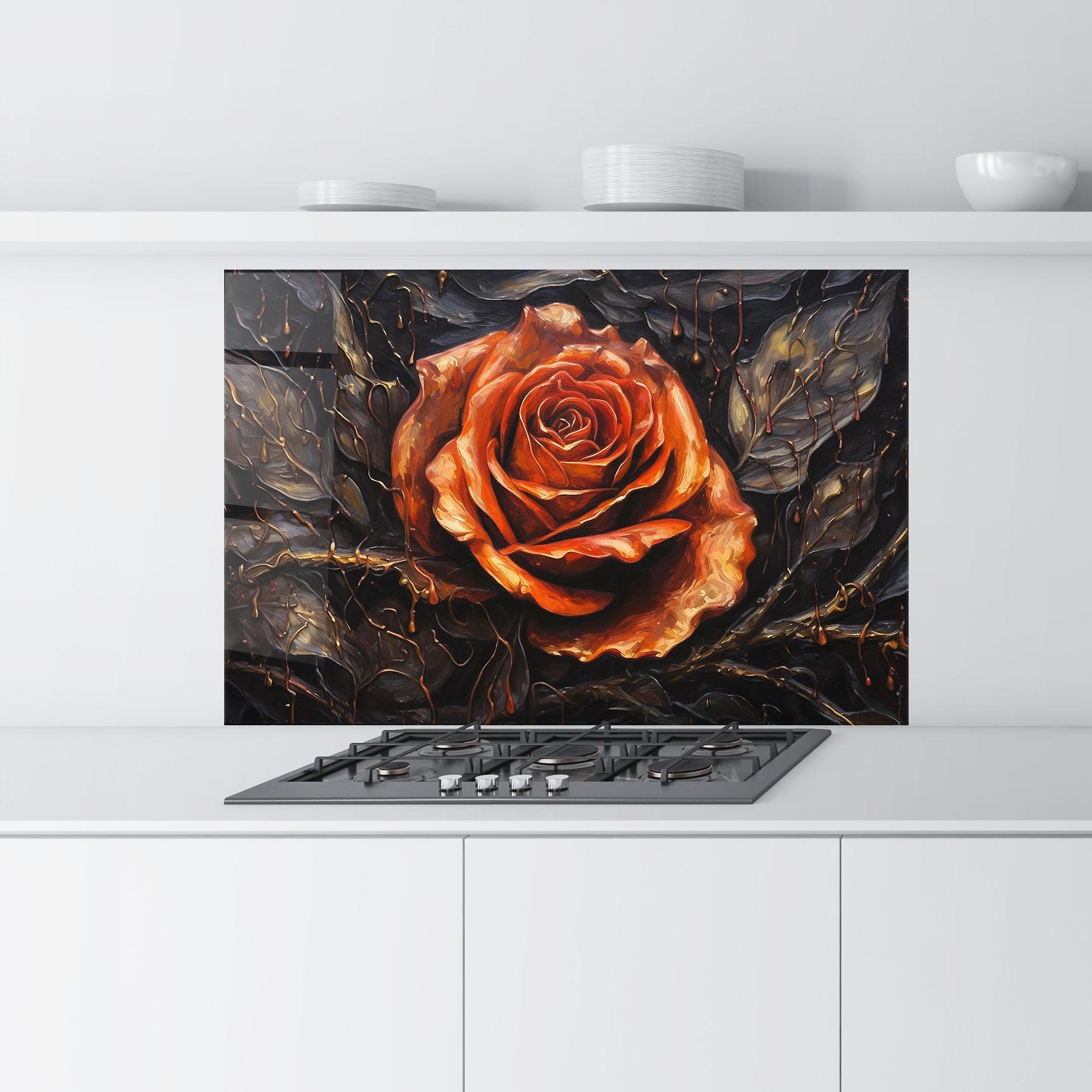 Küchenrückwand Glas Dark Orange Rose Art mockup 9