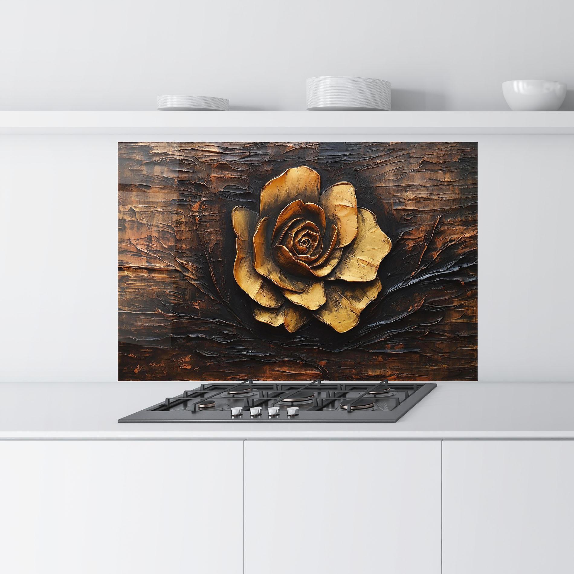 Küchenrückwand Glas Gold Rose On Wood mockup 9