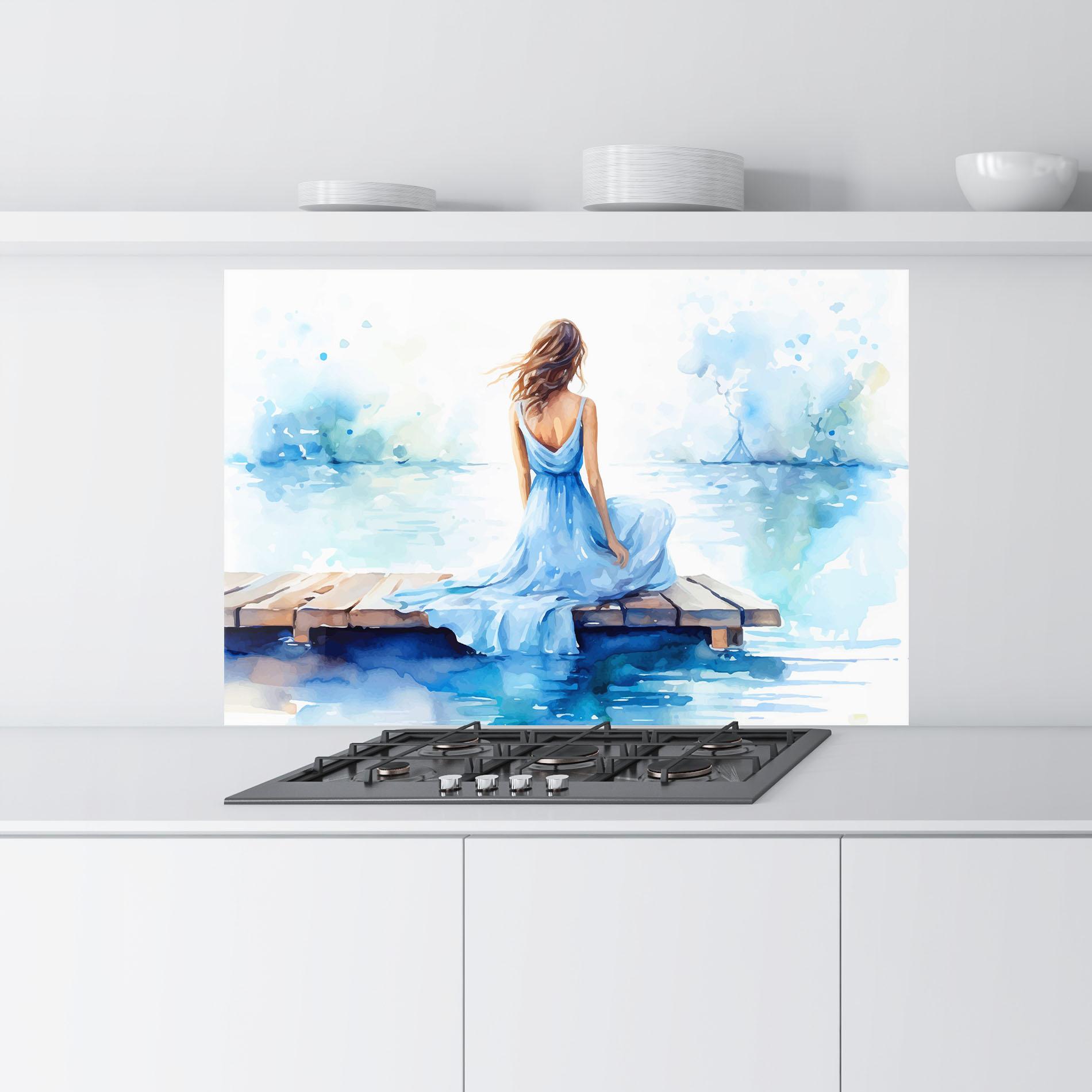 Küchenrückwand Glas Lake Blue Woman mockup 9
