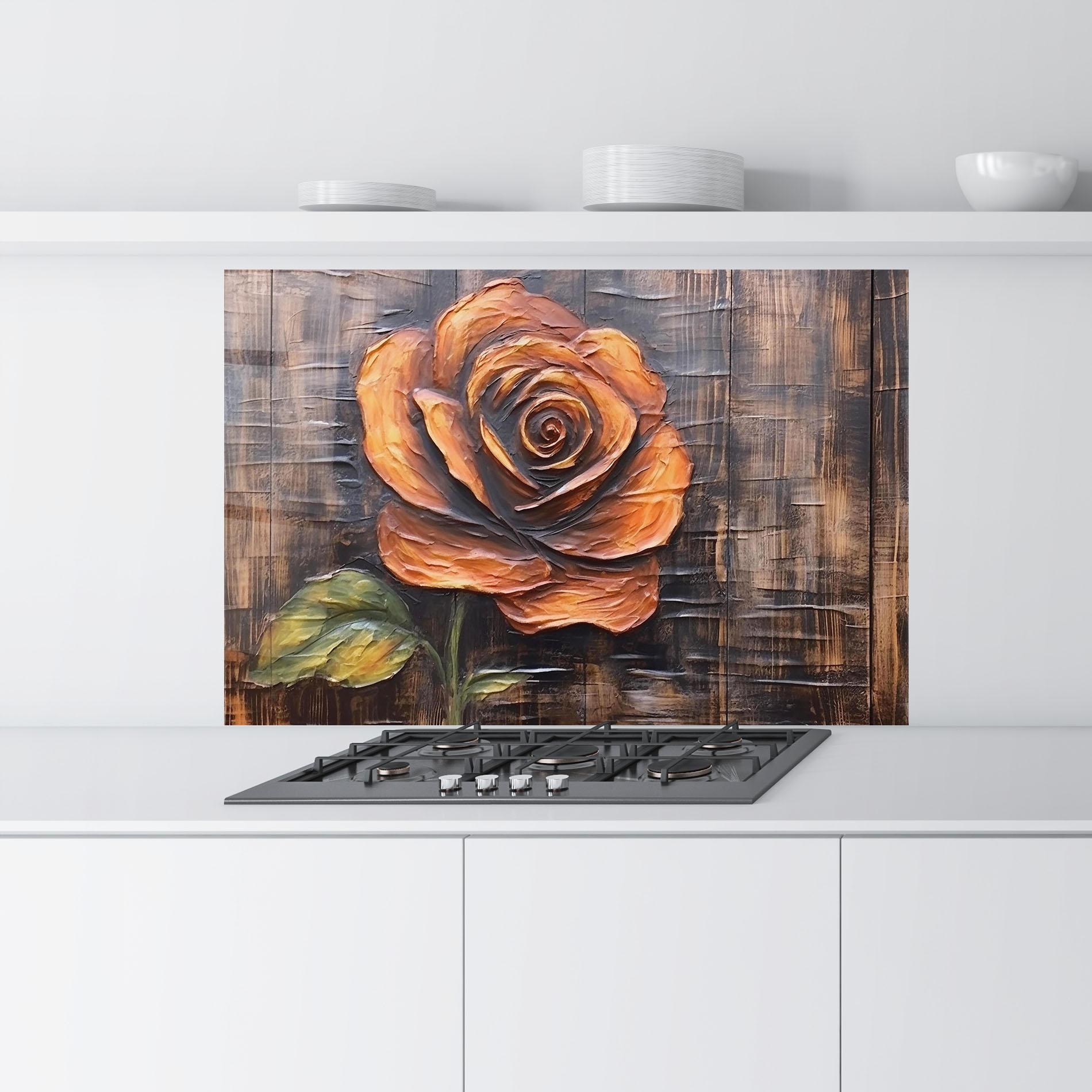 Küchenrückwand Glas Orange Rose On Wood mockup 9