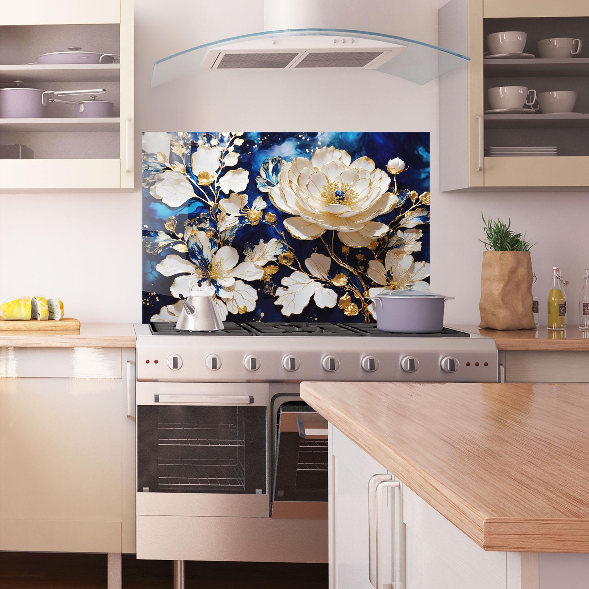 Küchenrückwand Glas Beautiful Golden White Rose mockup 1