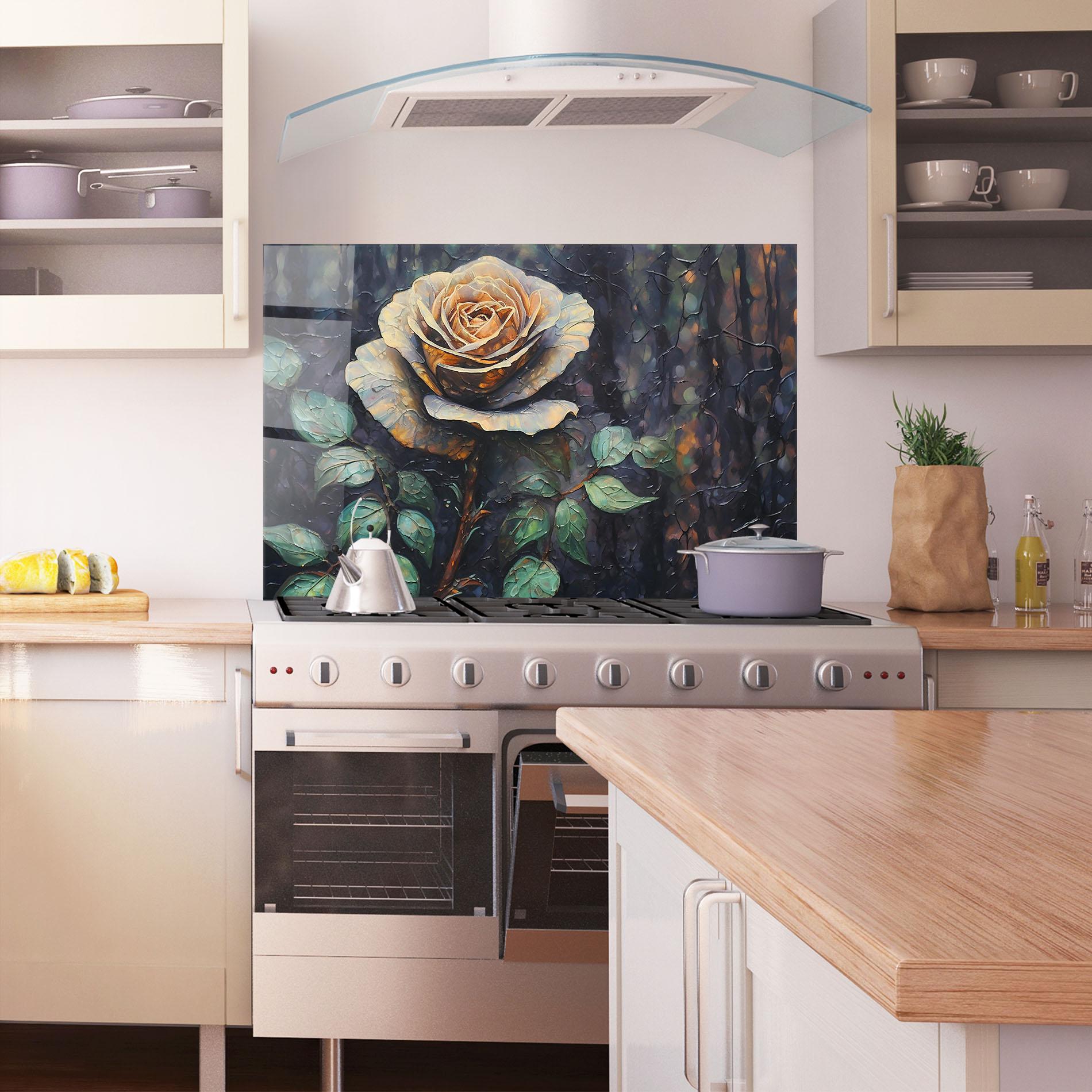 Küchenrückwand Glas Blue Yellow Rose Art mockup 1