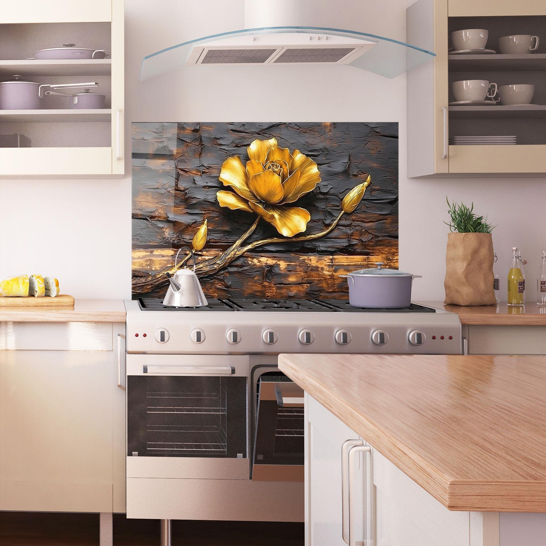 Küchenrückwand Glas Golden Rose On Wood mockup 1