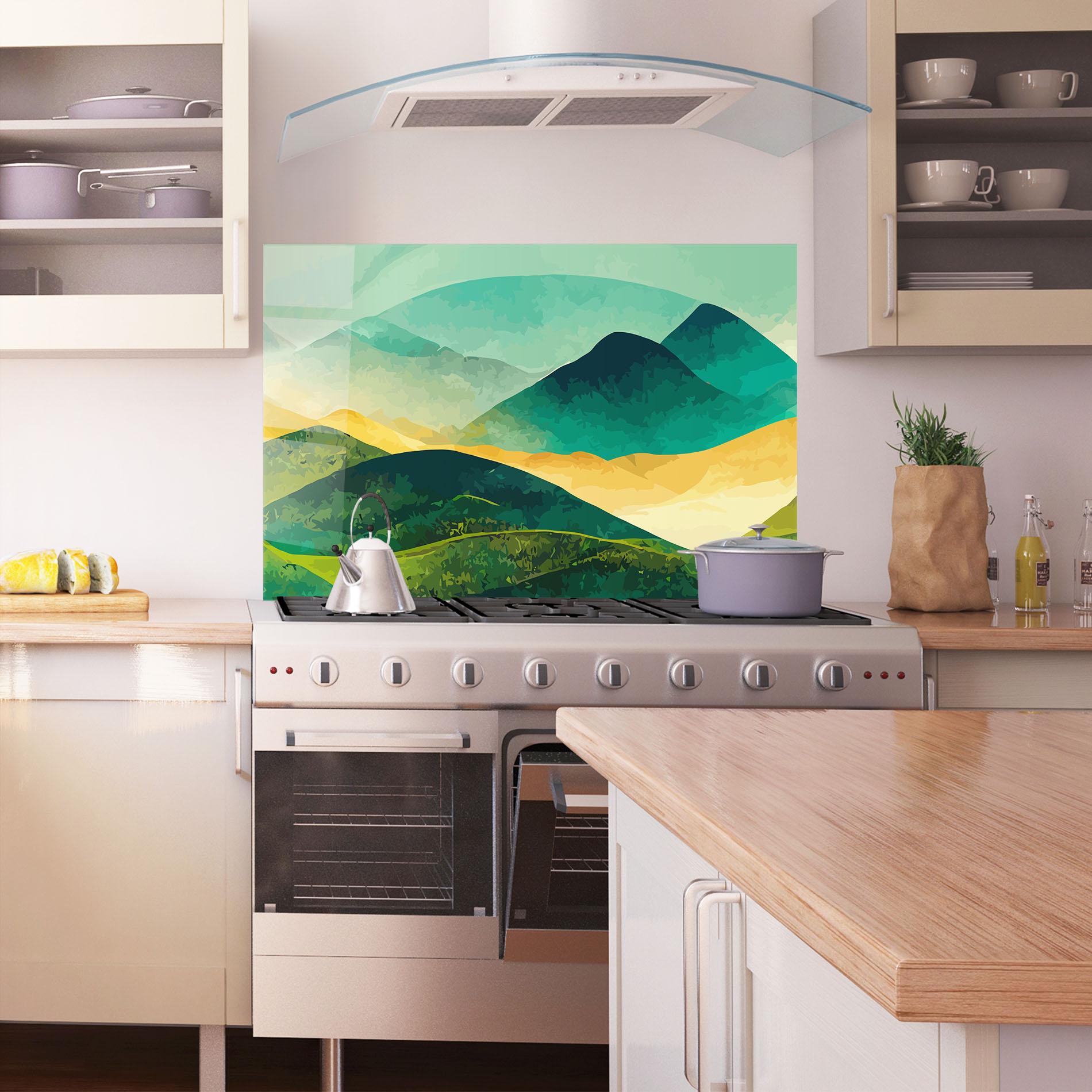 Küchenrückwand Glas Green Art Mountain mockup 1