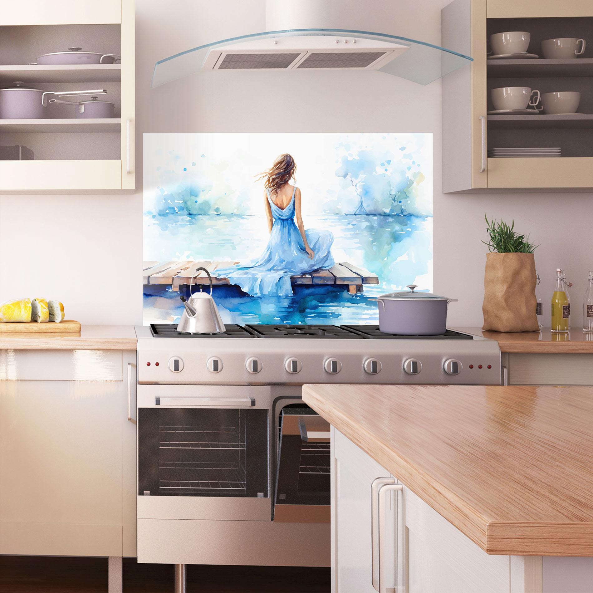 Küchenrückwand Glas Lake Blue Woman mockup 1