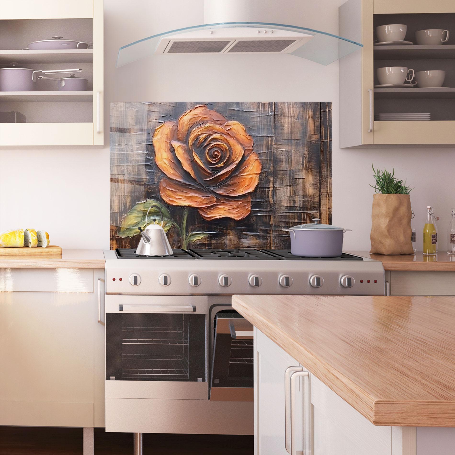 Küchenrückwand Glas Orange Rose On Wood mockup 1