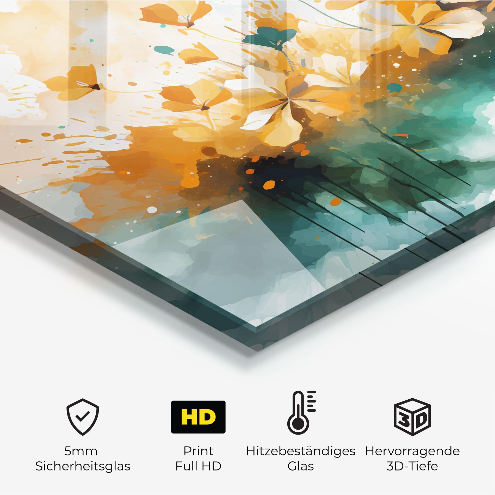 Küchenrückwand Glas Orange Green Flowers mockup 2