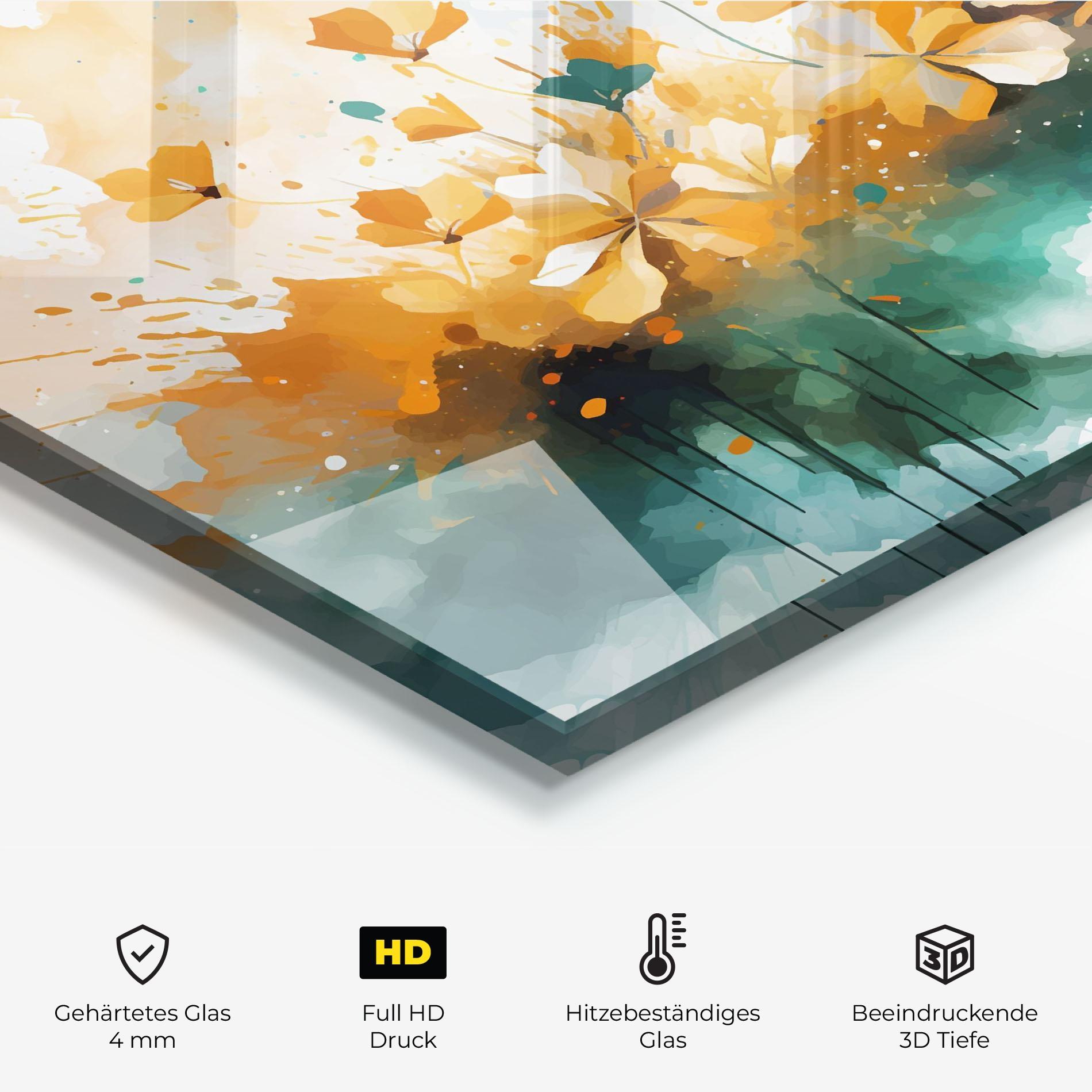 Küchenrückwand Glas Orange Green Flowers mockup 2