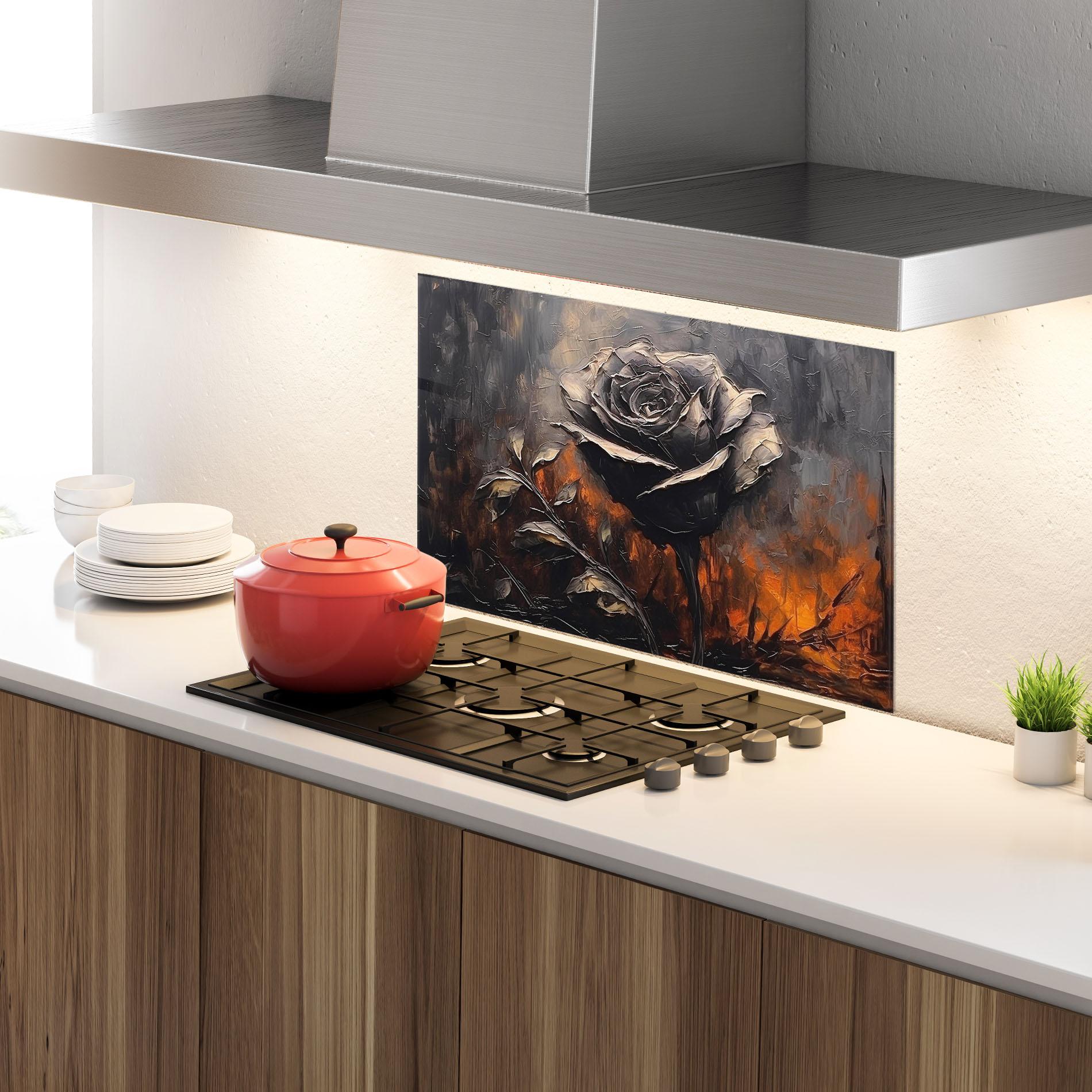 Küchenrückwand Glas Black Rose Art mockup 4