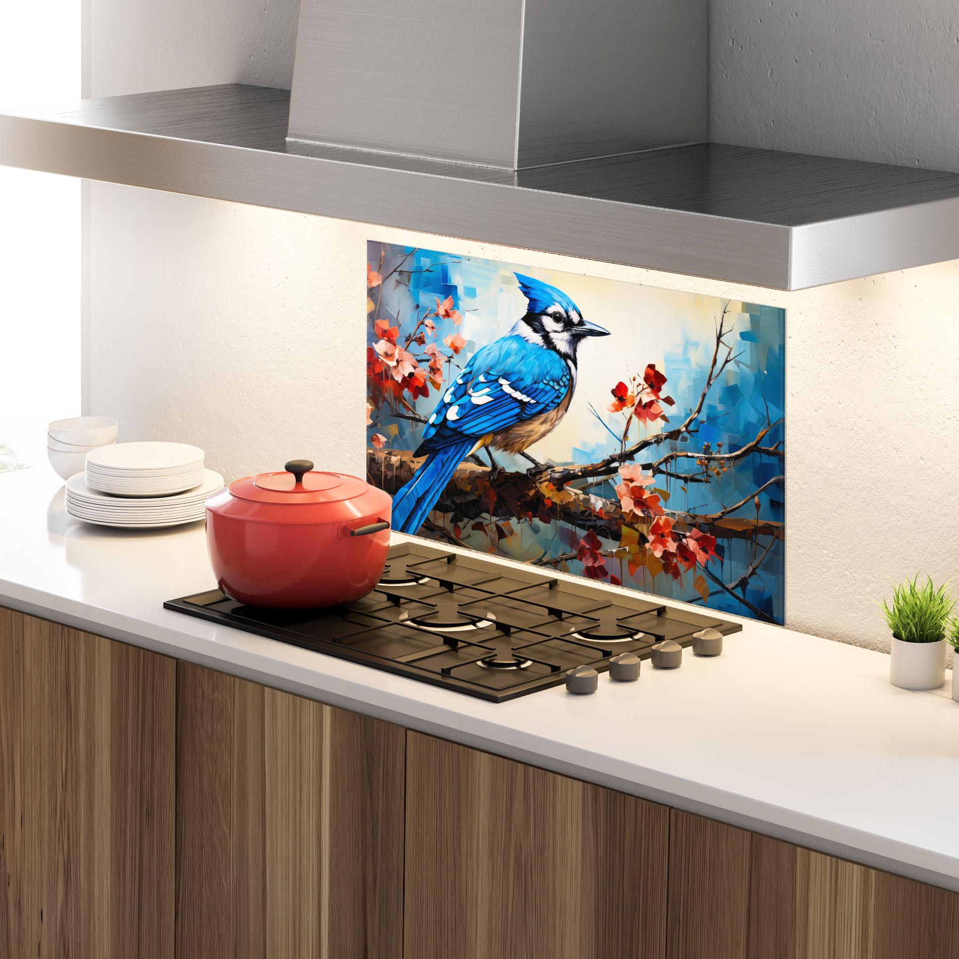 Küchenrückwand Glas Blue Bird Sitting Art mockup 4