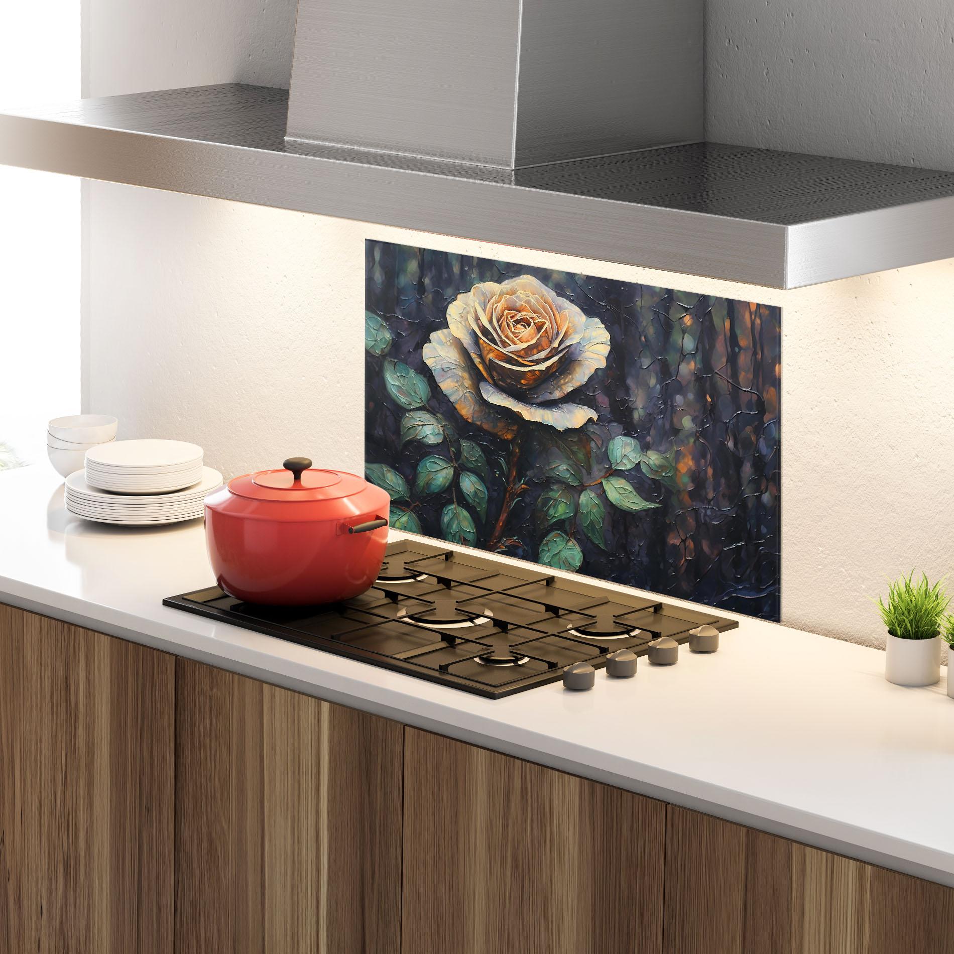 Küchenrückwand Glas Blue Yellow Rose Art mockup 4