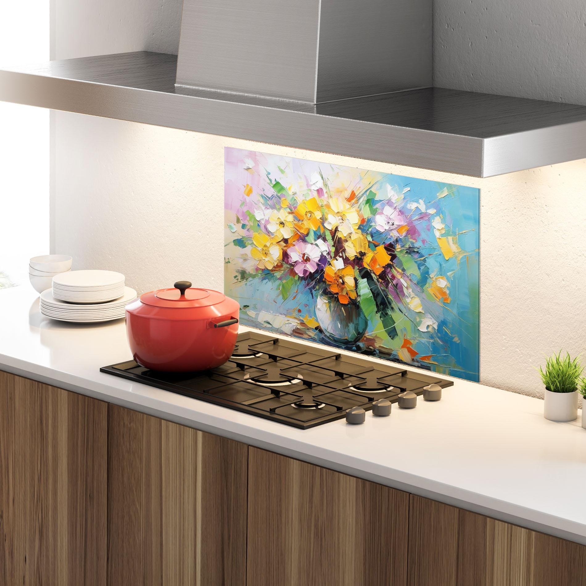Küchenrückwand Glas Colorfull Flowers Painting mockup 4