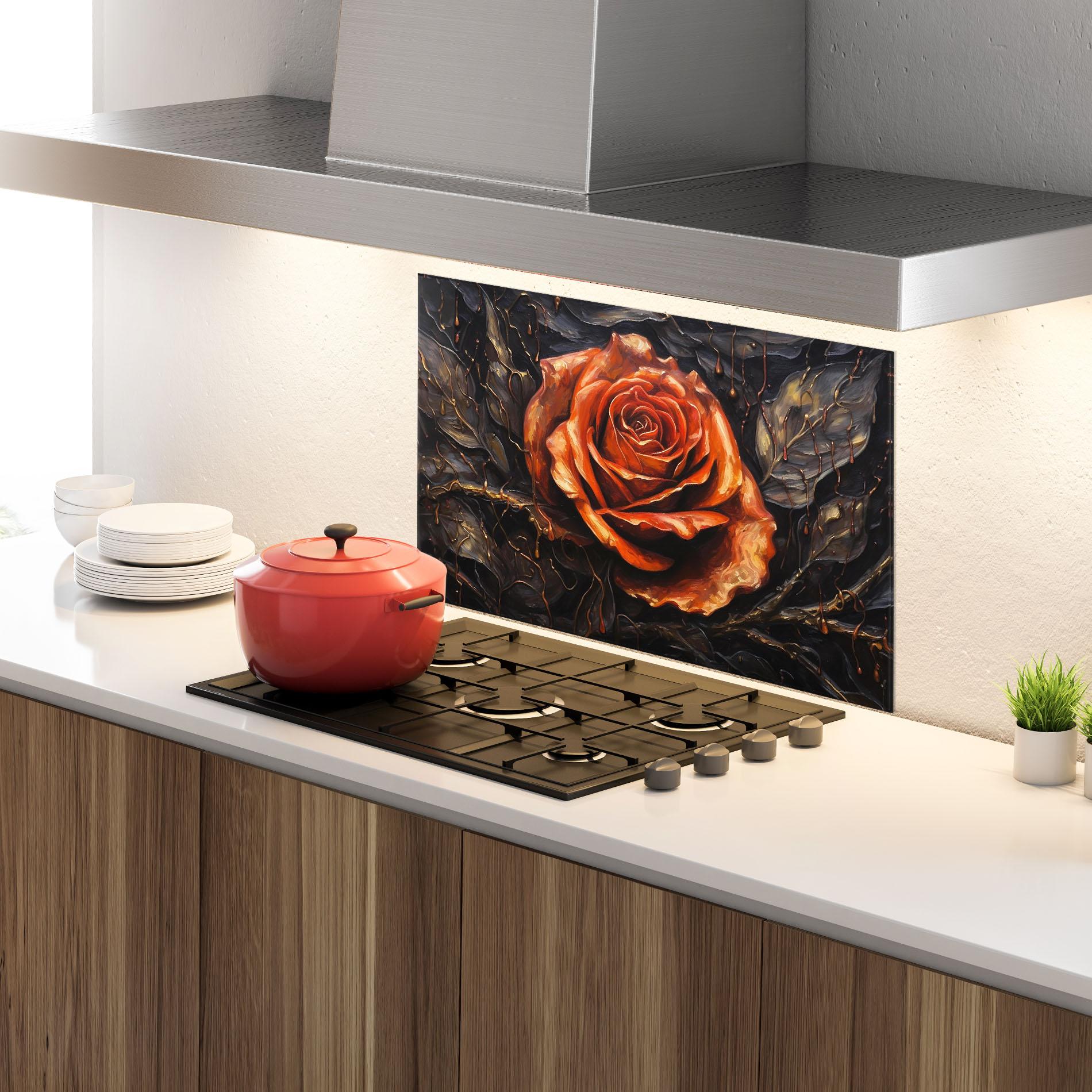 Küchenrückwand Glas Dark Orange Rose Art mockup 4