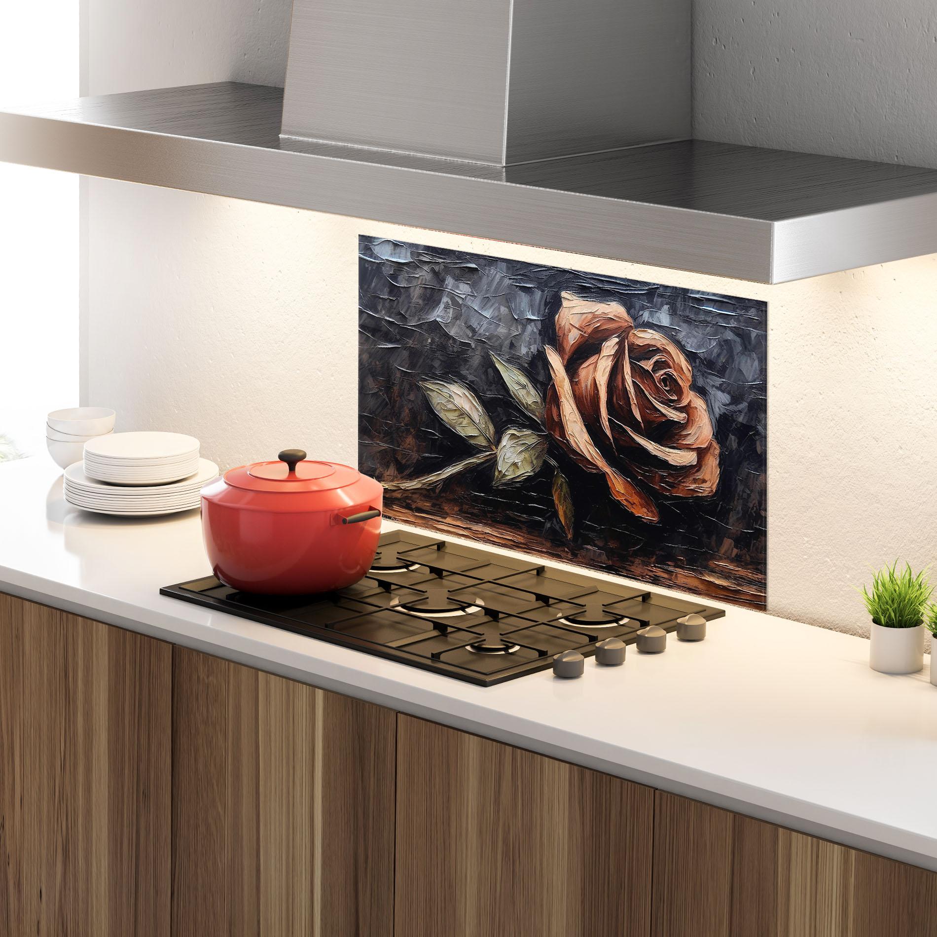 Küchenrückwand Glas Dirty Red Rose Art mockup 4