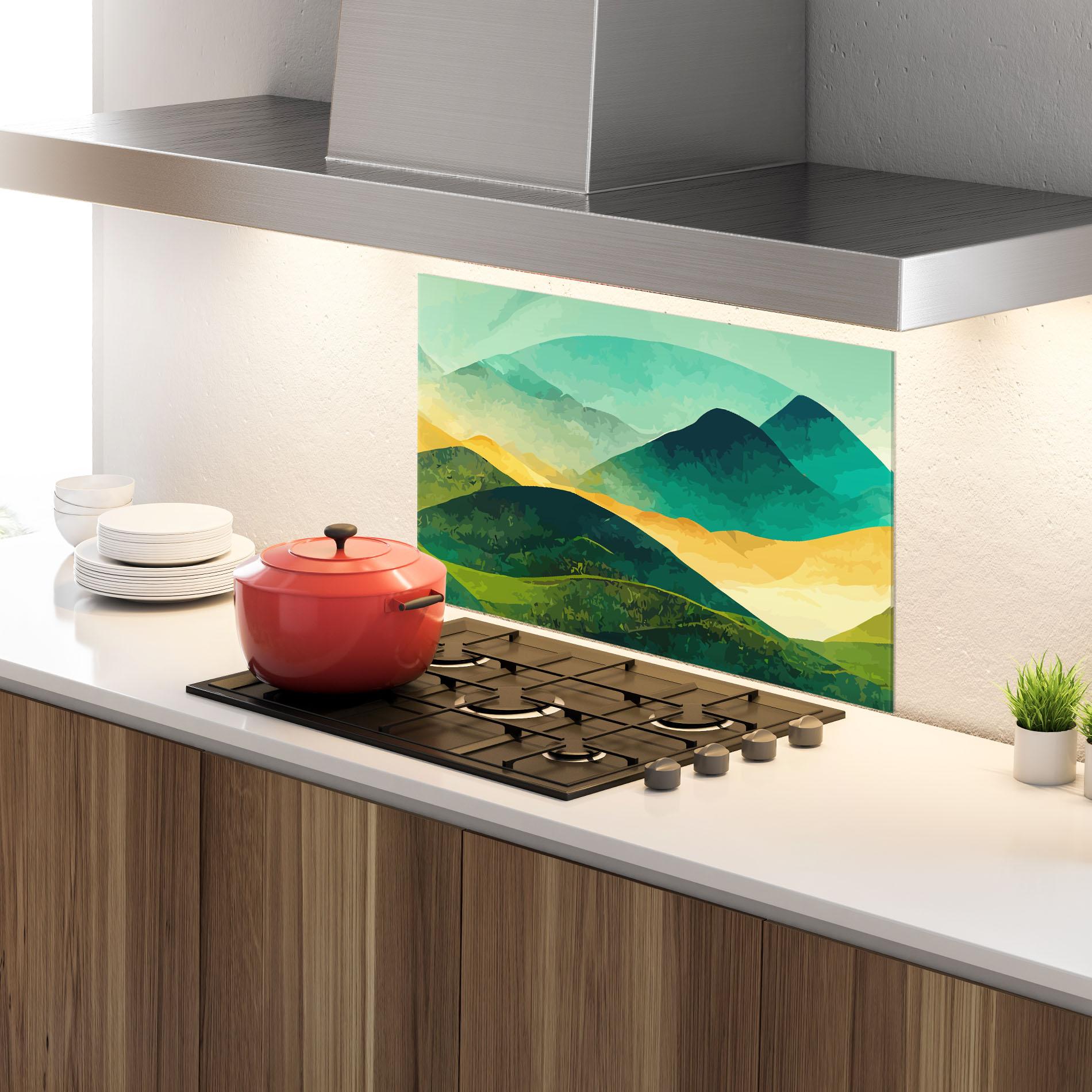 Küchenrückwand Glas Green Art Mountain mockup 4