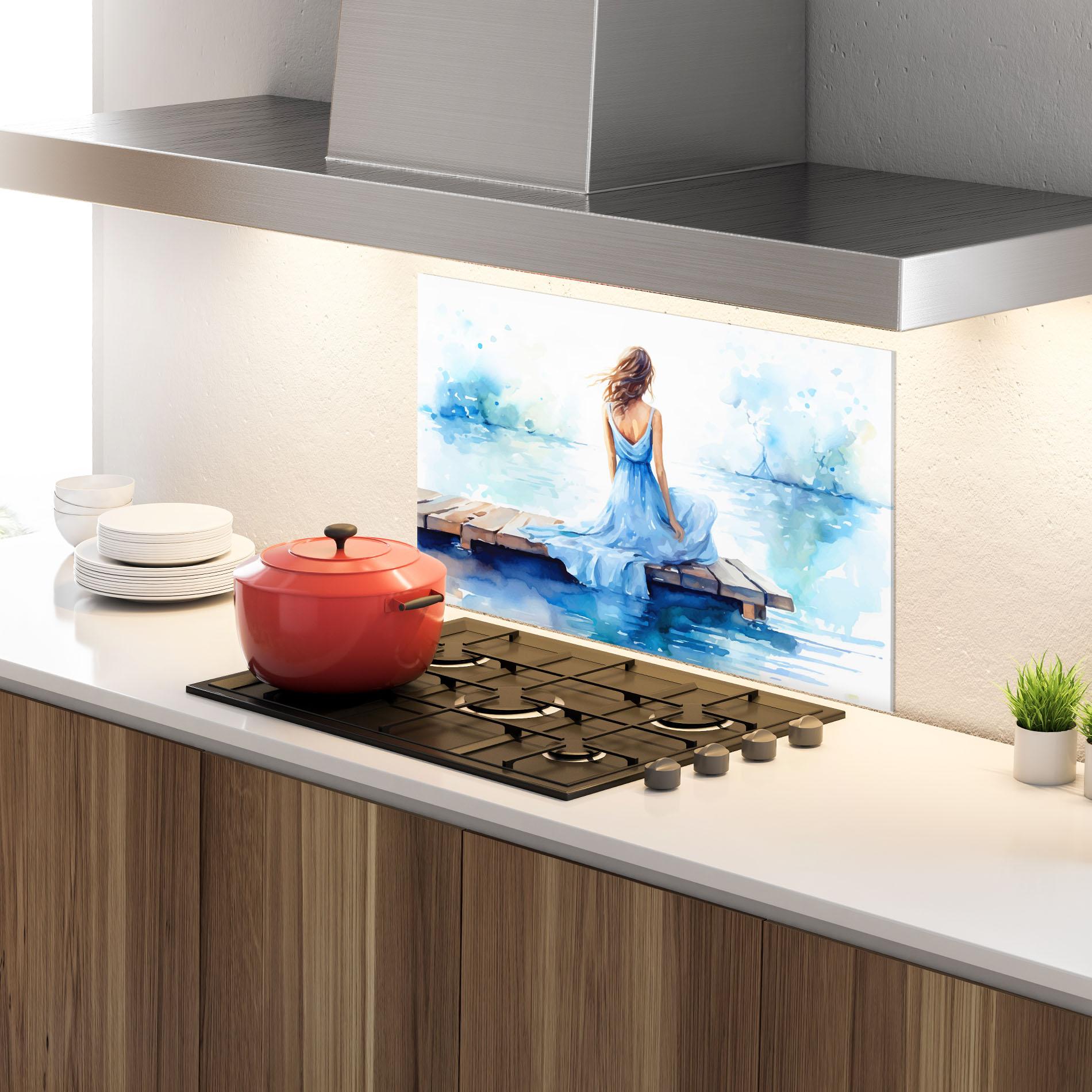Küchenrückwand Glas Lake Blue Woman mockup 4