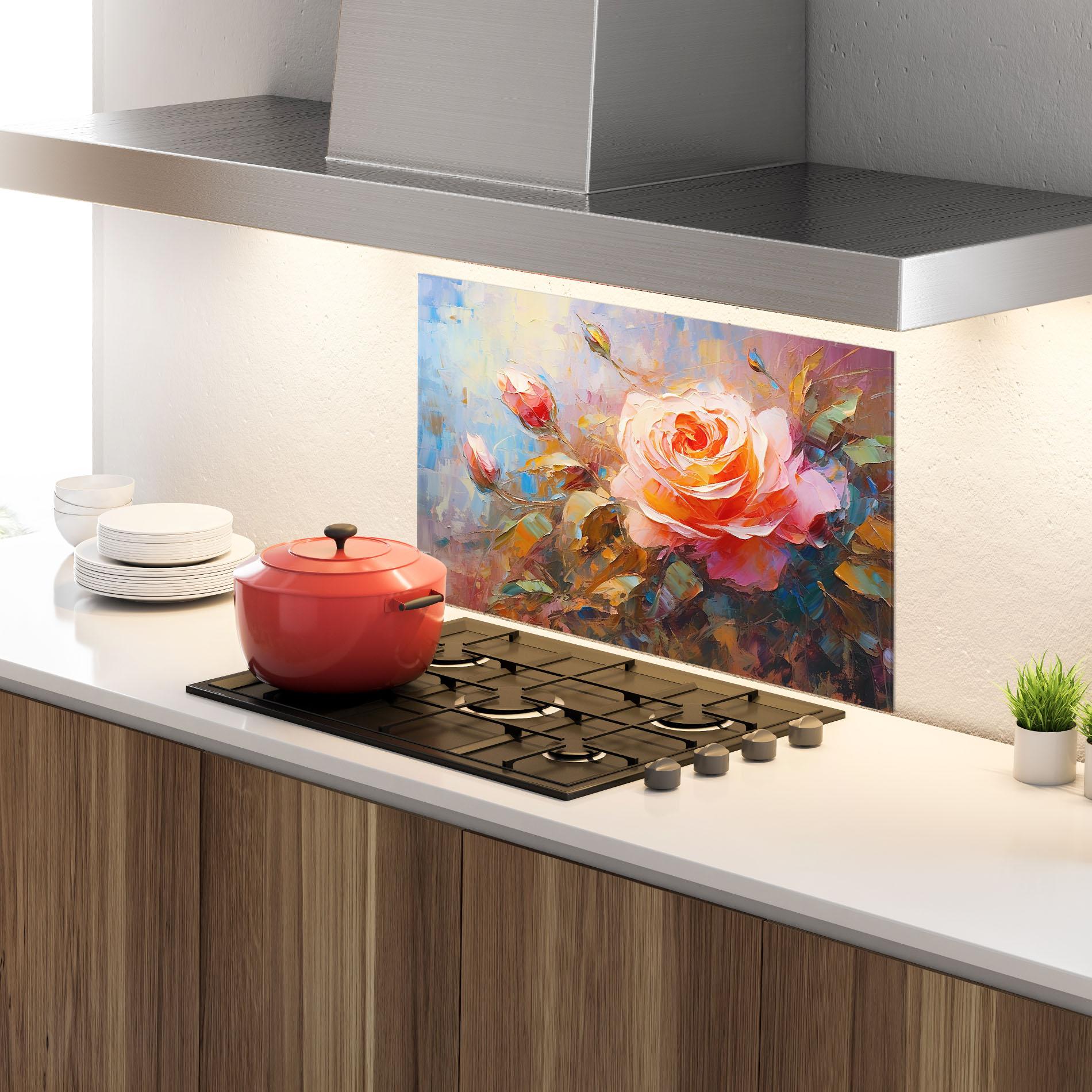 Küchenrückwand Glas Light Pink Rose Art mockup 4