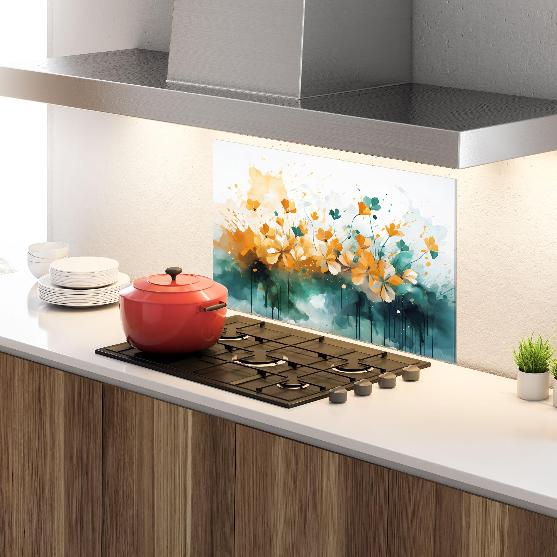 Küchenrückwand Glas Orange Green Flowers mockup 4