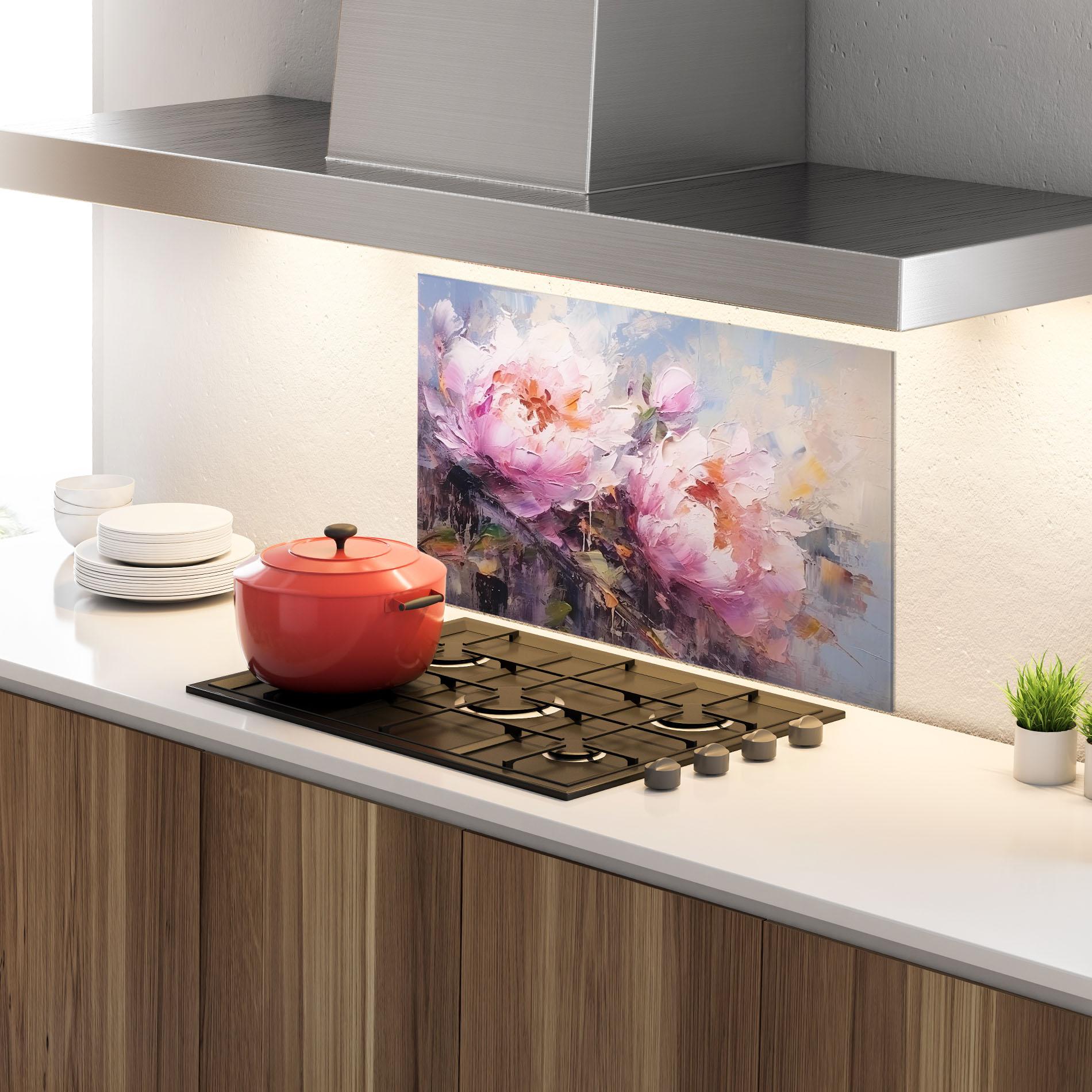 Küchenrückwand Glas Peony Art mockup 4