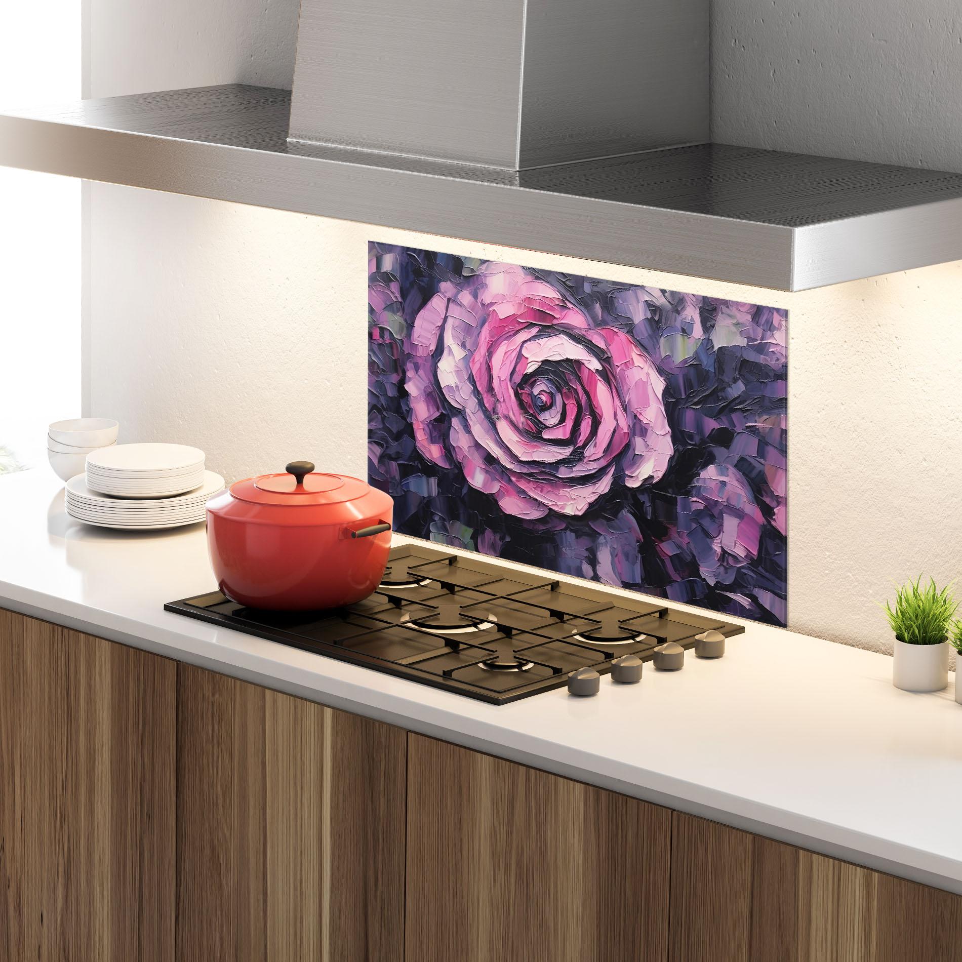 Küchenrückwand Glas Pretty Purple Rose Art mockup 4
