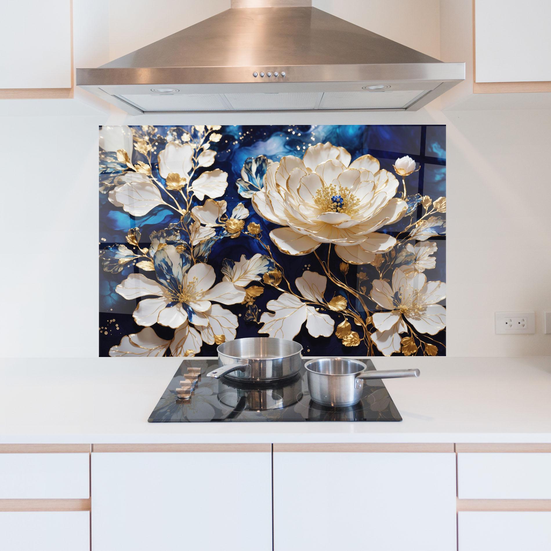 Küchenrückwand Glas Beautiful Golden White Rose mockup 5