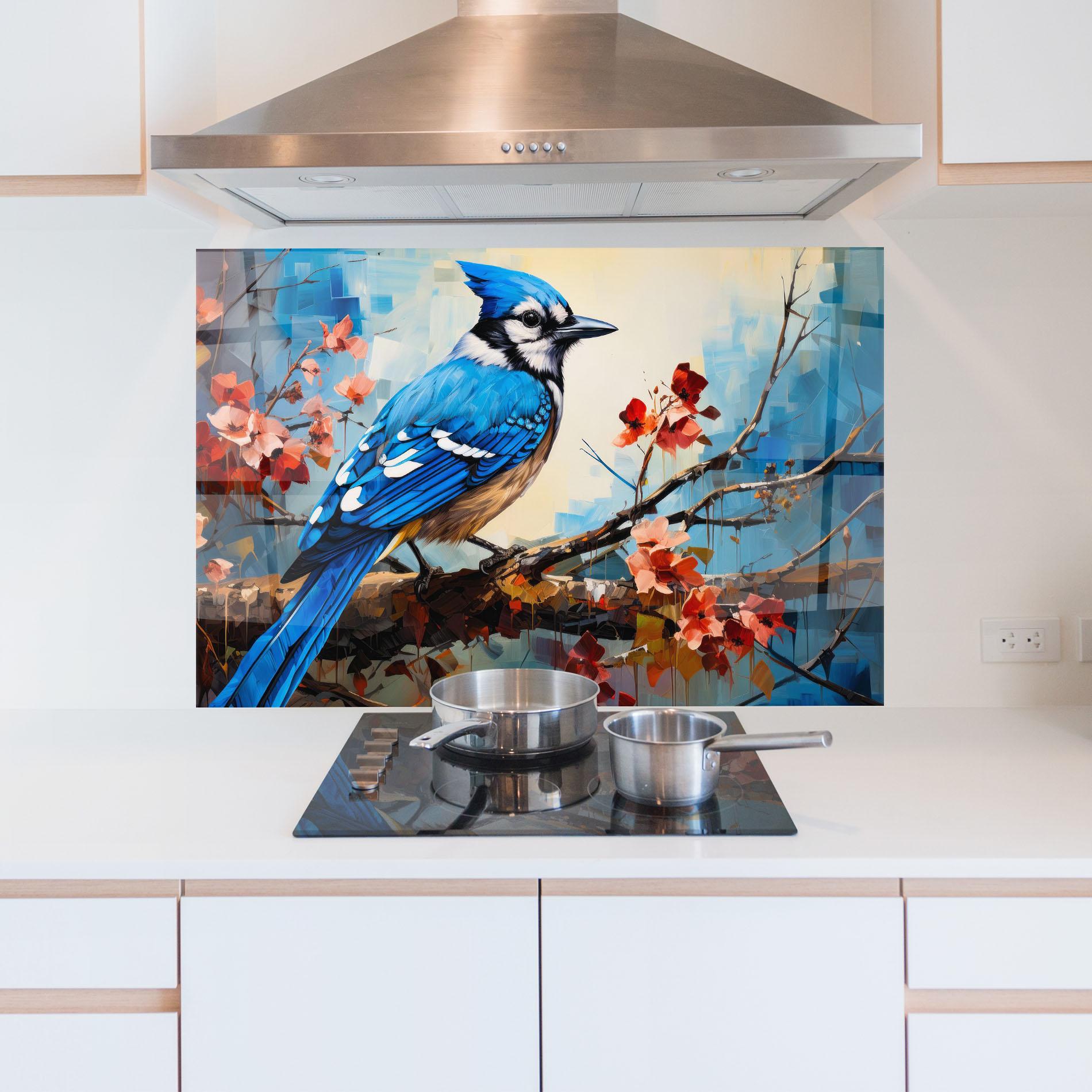 Küchenrückwand Glas Blue Bird Sitting Art mockup 5